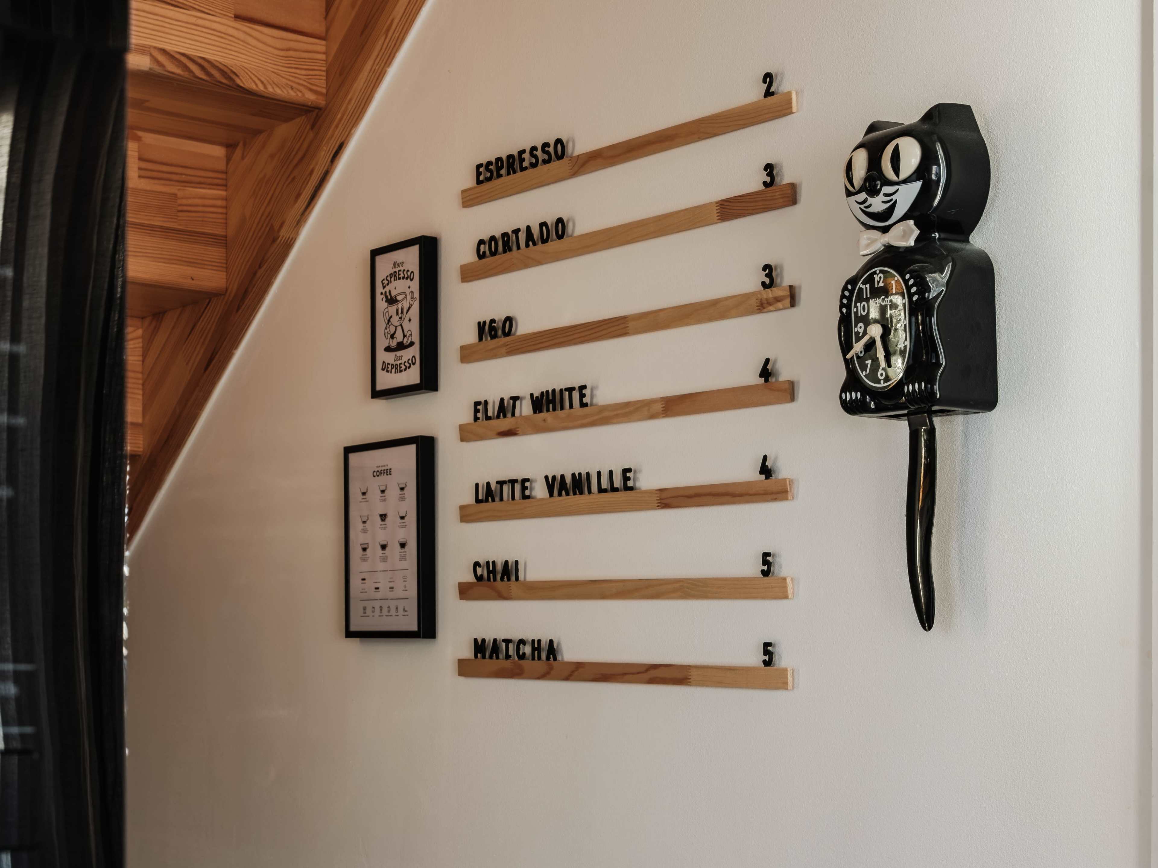 The image shows a wall display with wooden strips indicating the names of various coffee beverages and their corresponding prices, alongside framed artwork and a vintage cat-shaped clock.