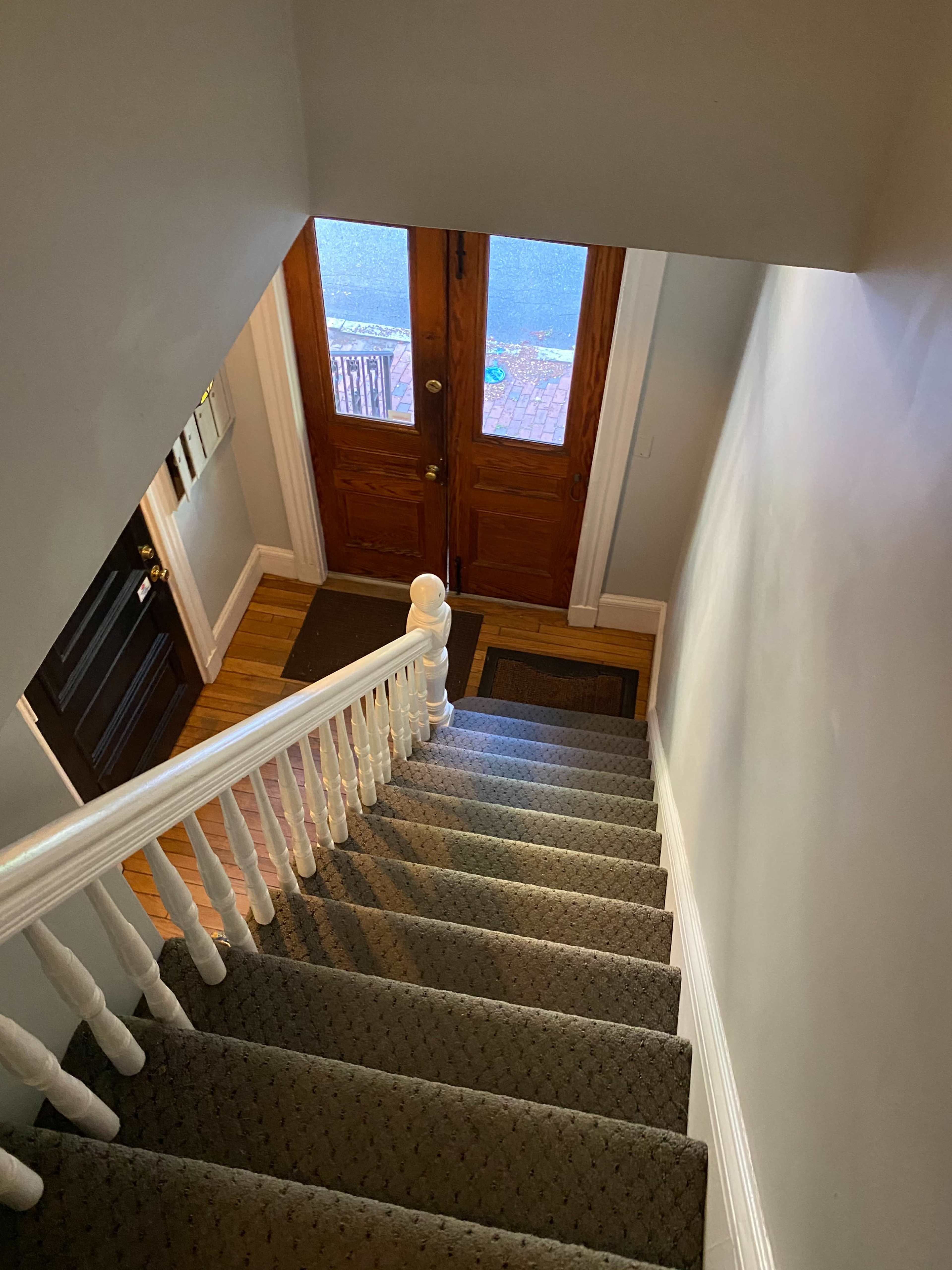 A staircase leading down to a pair of wooden double doors at the entrance of a home.