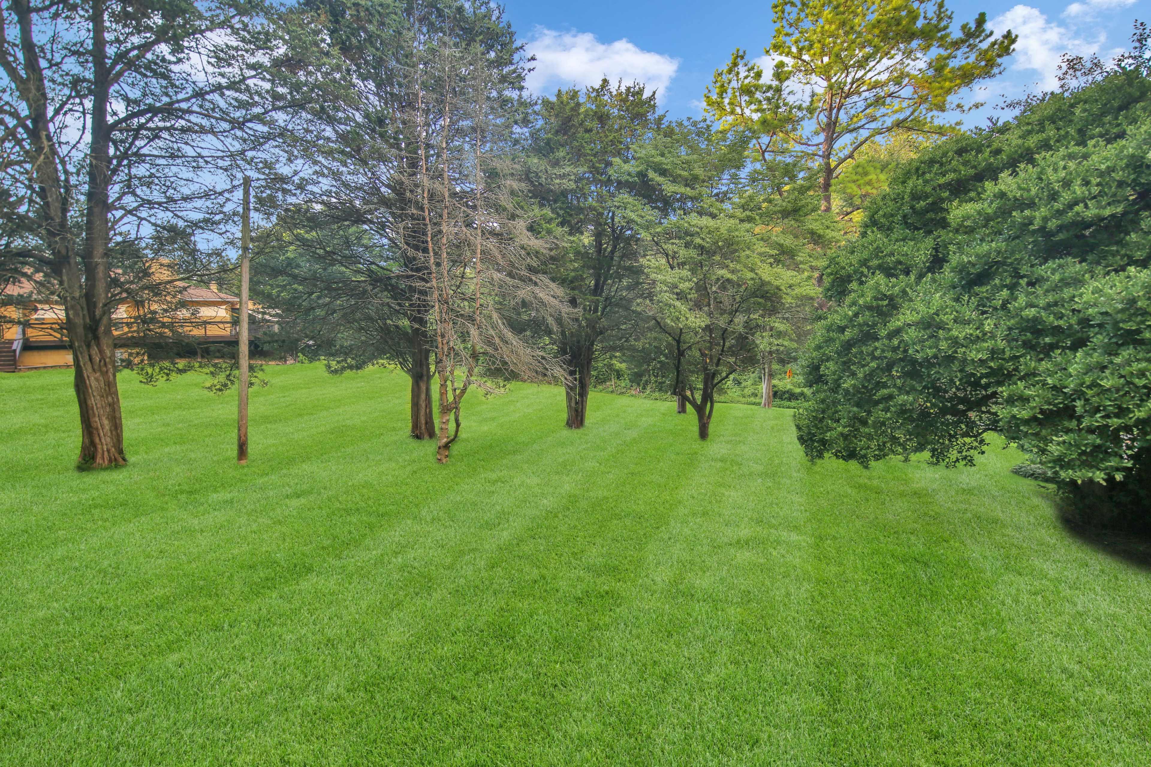 A well-maintained grassy area with several trees scattered throughout.
