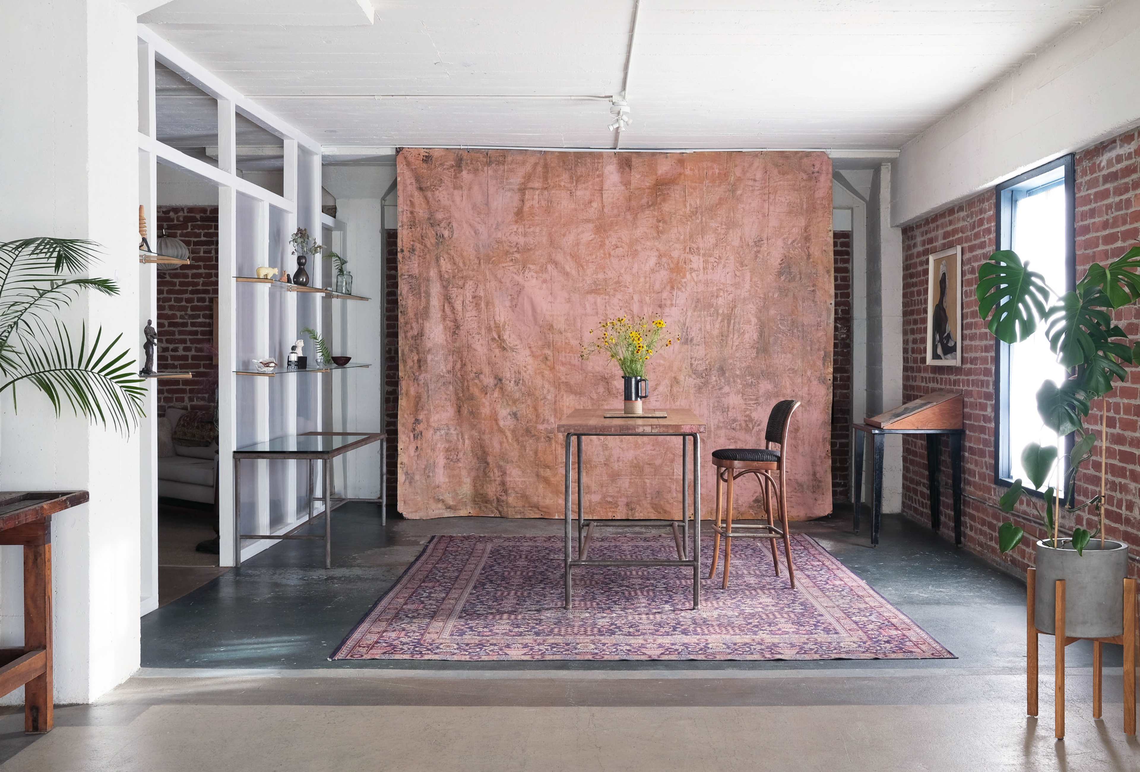A simple interior space featuring a wooden table and chair, a rug, and a large fabric backdrop, with plants and shelving along the walls.