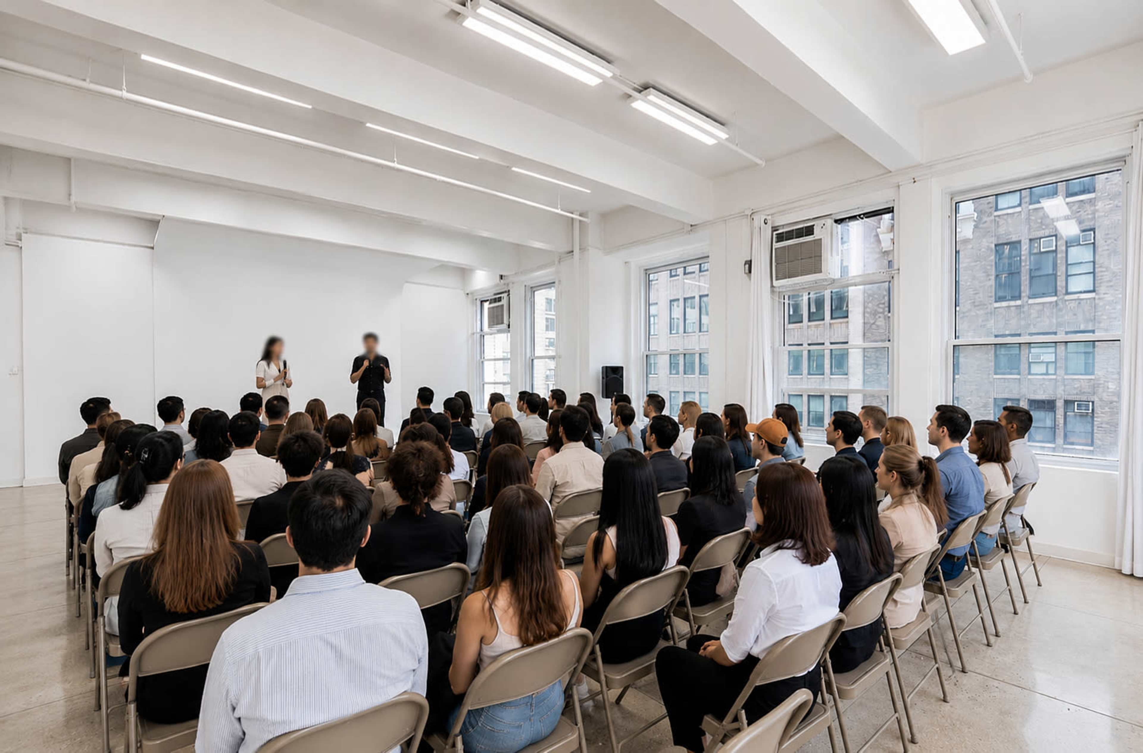 A diverse group of attendees sits in a bright, modern room, while two speakers present at the front.