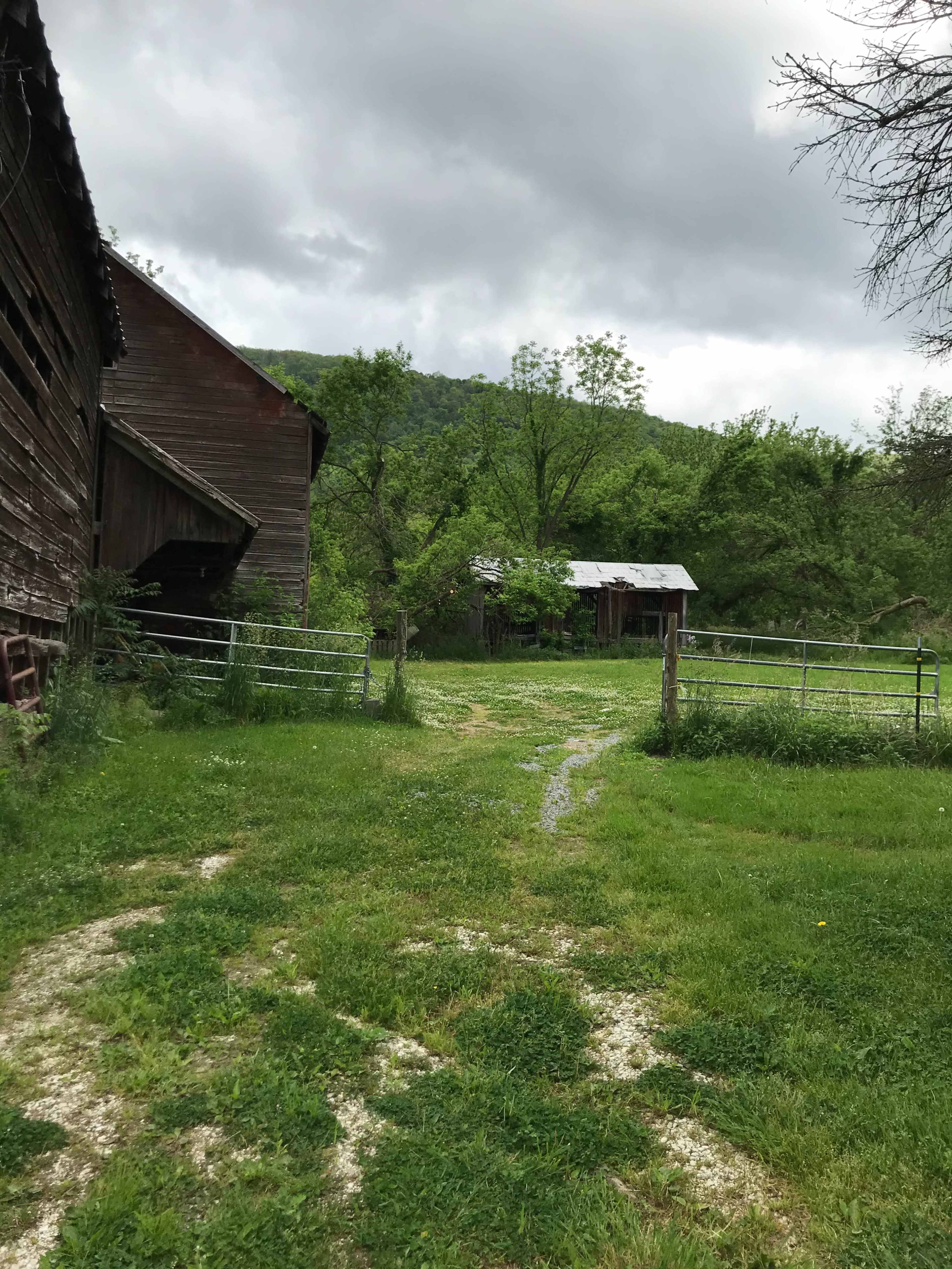 A grassy pathway leading past weathered barns and trees toward a distant shed under a cloudy sky.