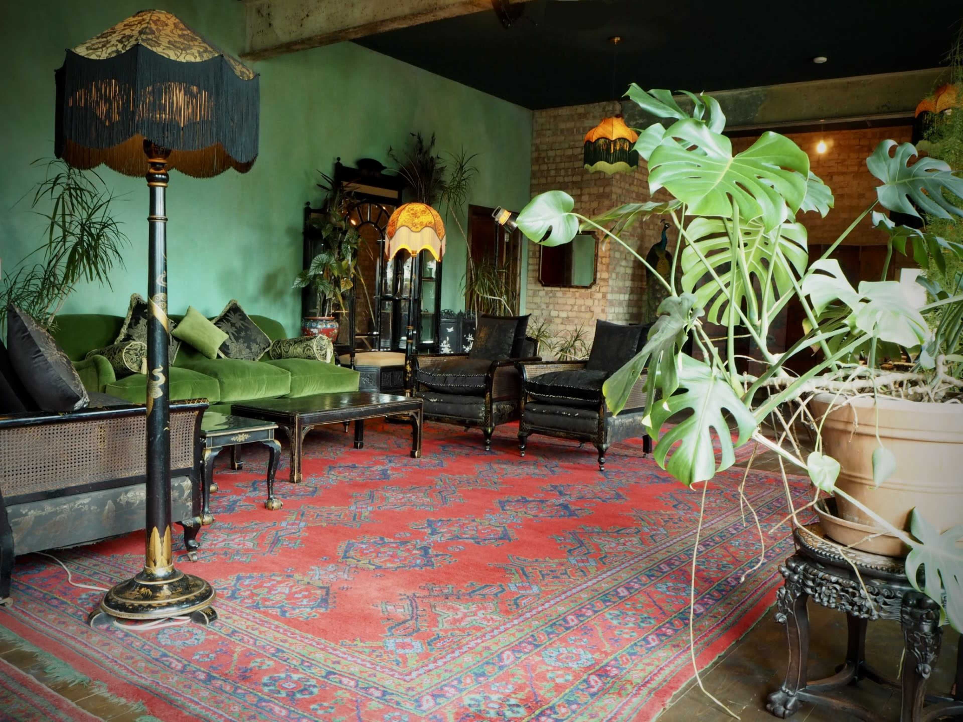The image depicts a vintage-style living room featuring green furniture, a patterned red rug, and various indoor plants.