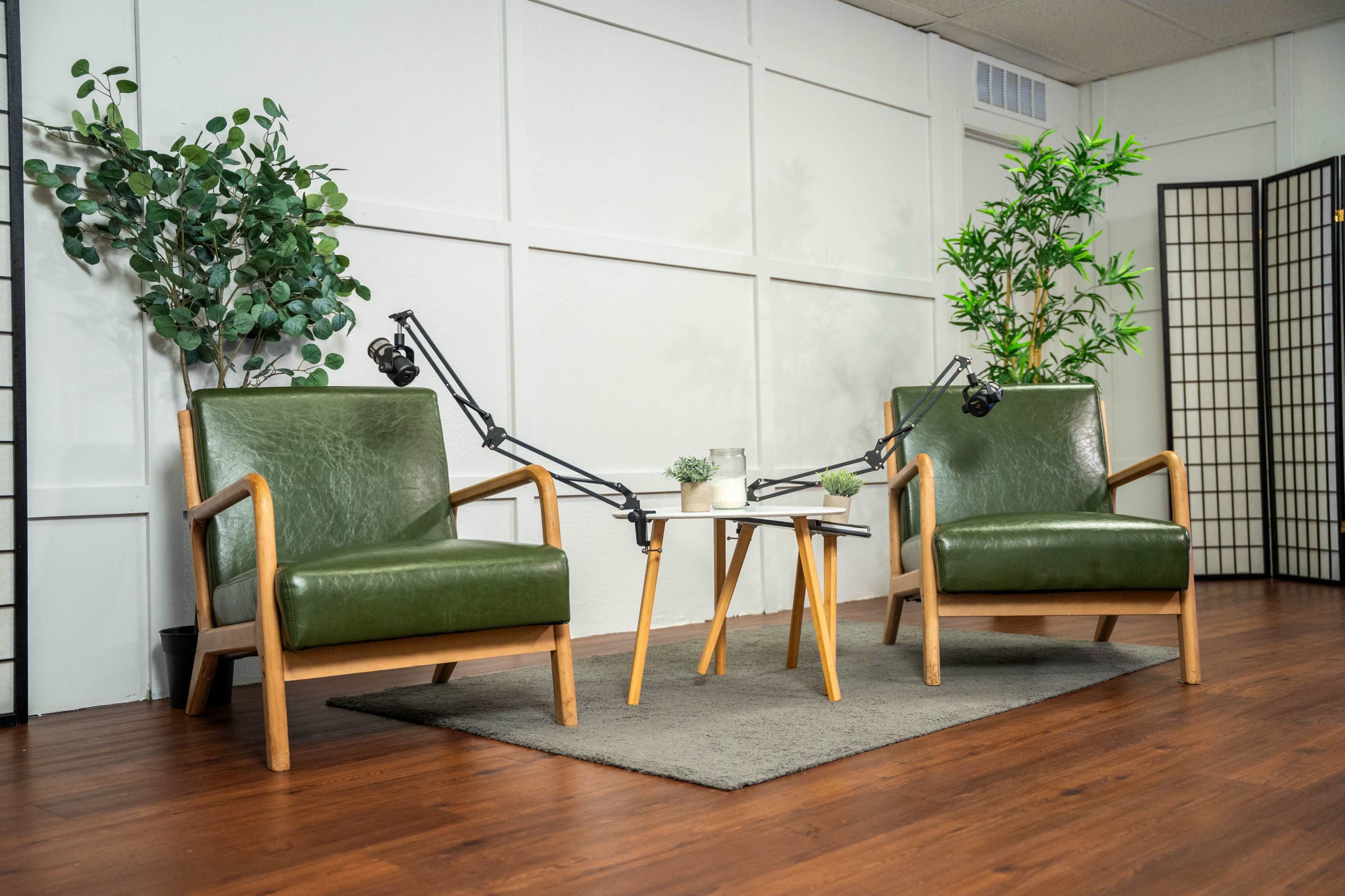 The image shows two green armchairs positioned on a rug, with a small table between them, surrounded by potted plants in a room with white walls.