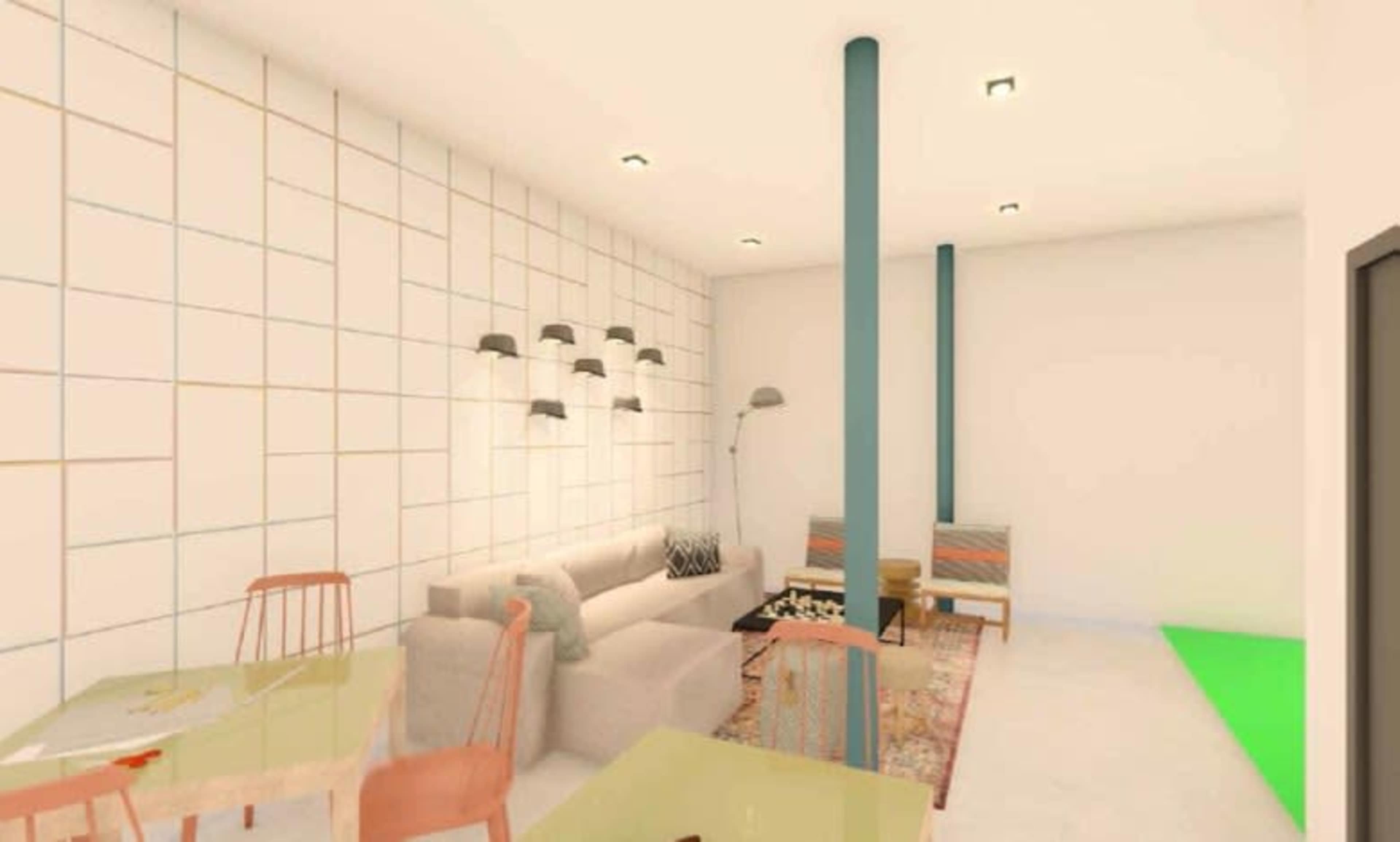 The image depicts a modern lounge area with a sofa, patterned chairs, and a rug on the floor, illuminated by ceiling lights.