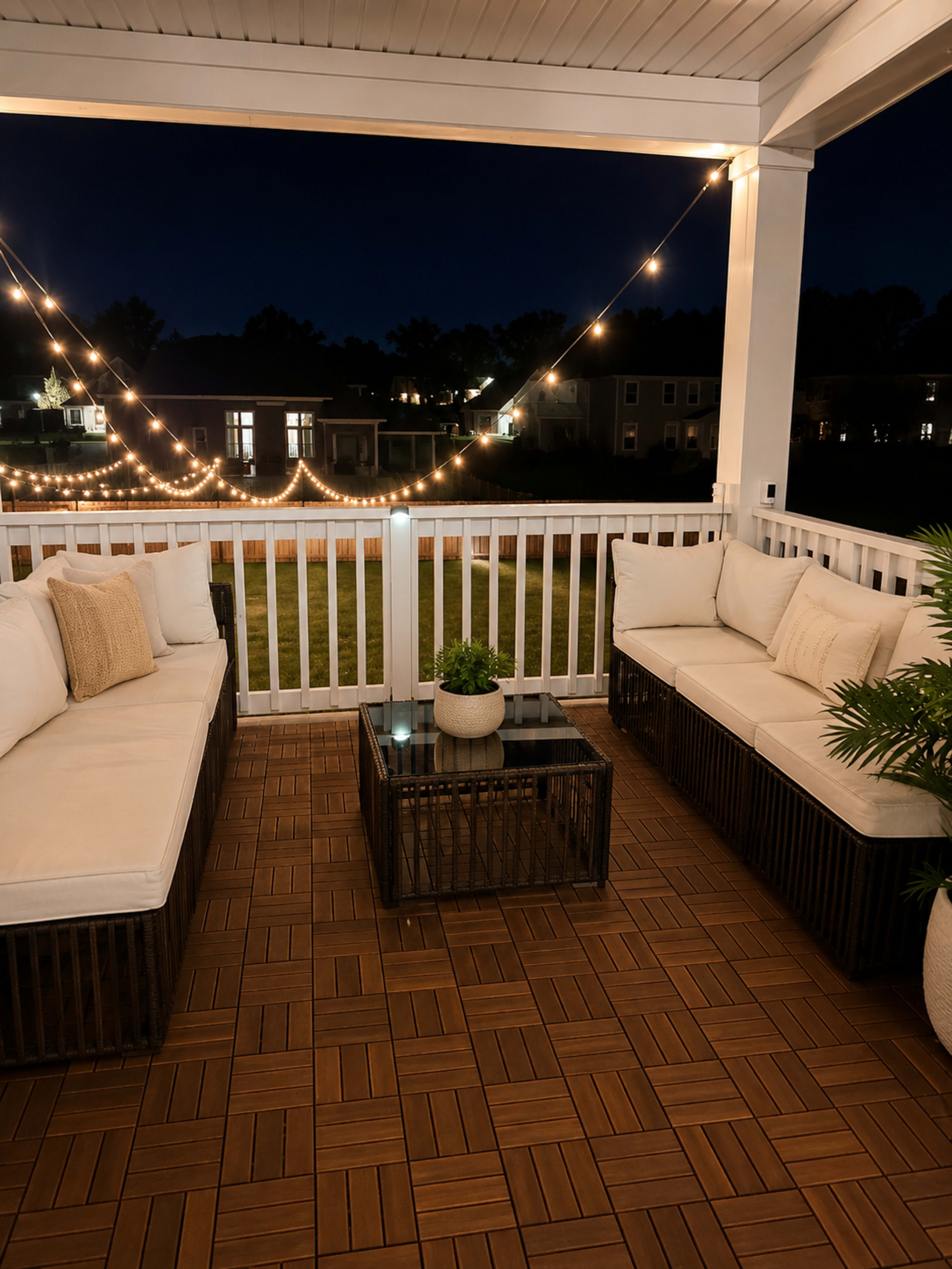 The image shows a cozy outdoor seating area with two sofas and a coffee table, illuminated by string lights against a darkening sky.