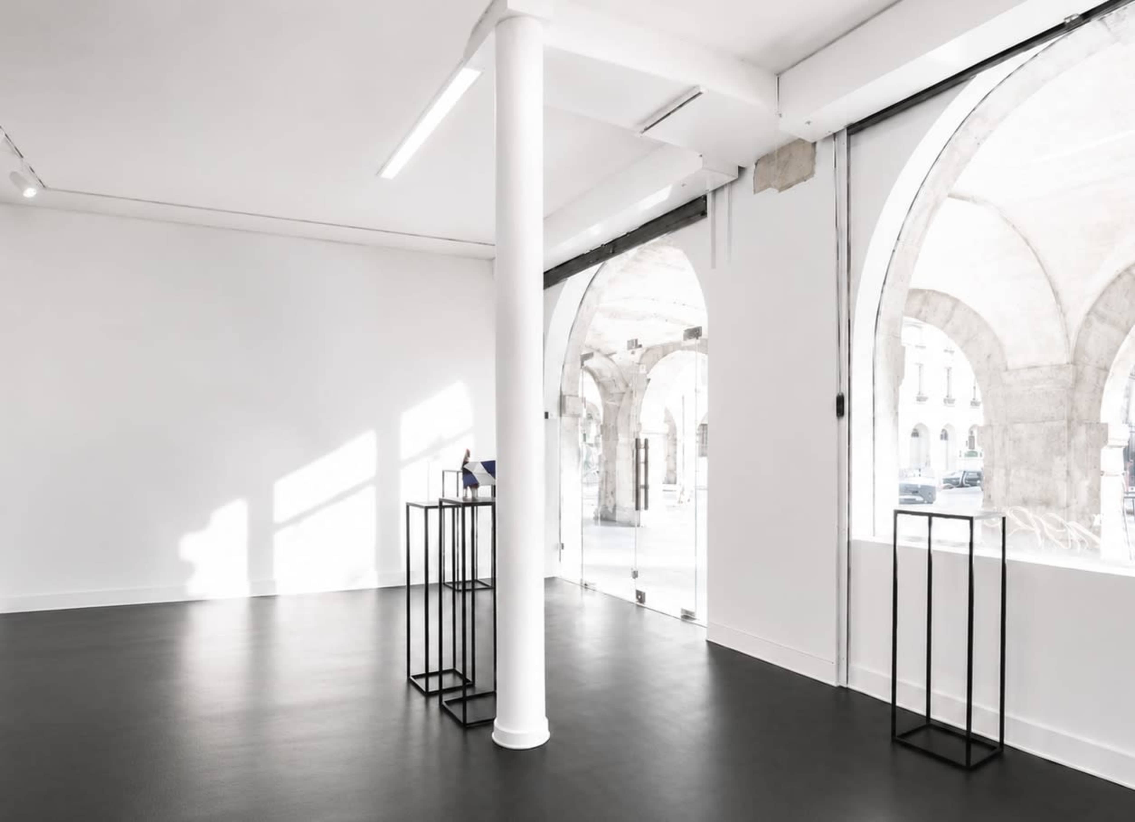 The image shows a minimalistic gallery space with large windows, featuring a polished black floor and two black metal display stands.