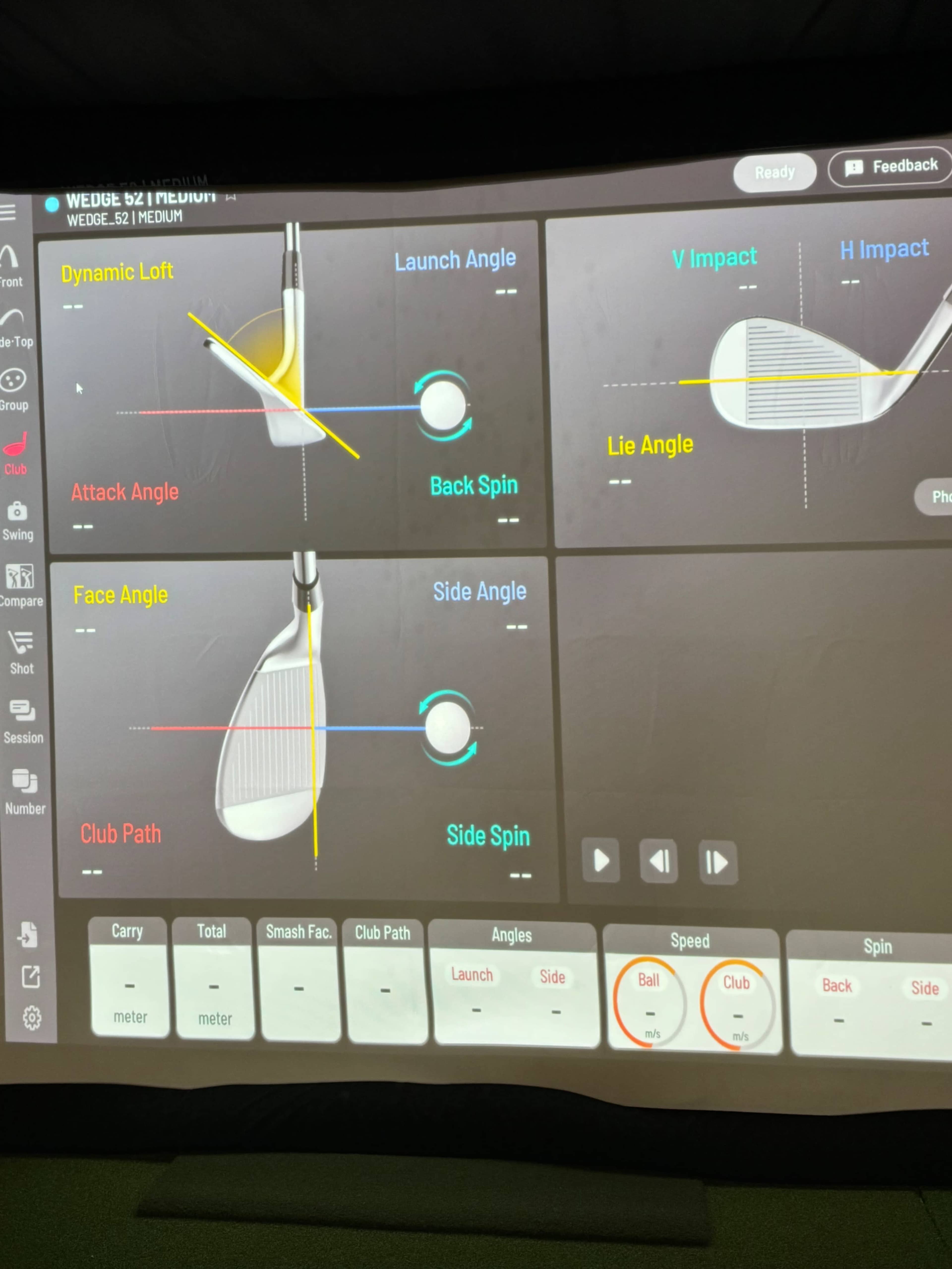 A digital display of a golf club fitting session, highlighting various metrics such as dynamic loft, attack angle, face angle, and spin rates.
