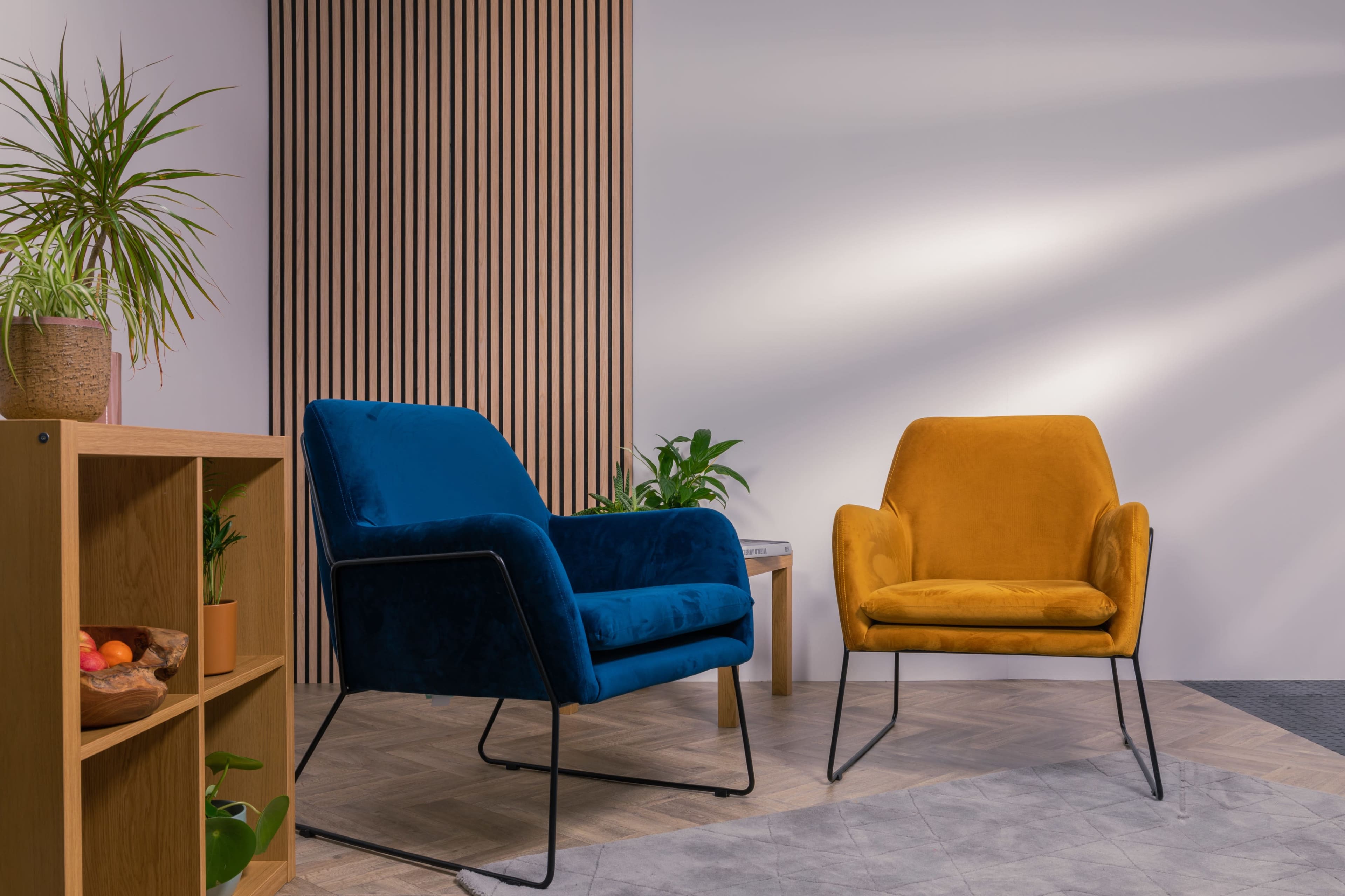 A cozy living room setting featuring a blue armchair and a mustard yellow armchair, alongside a wooden shelf with plants and fruit.