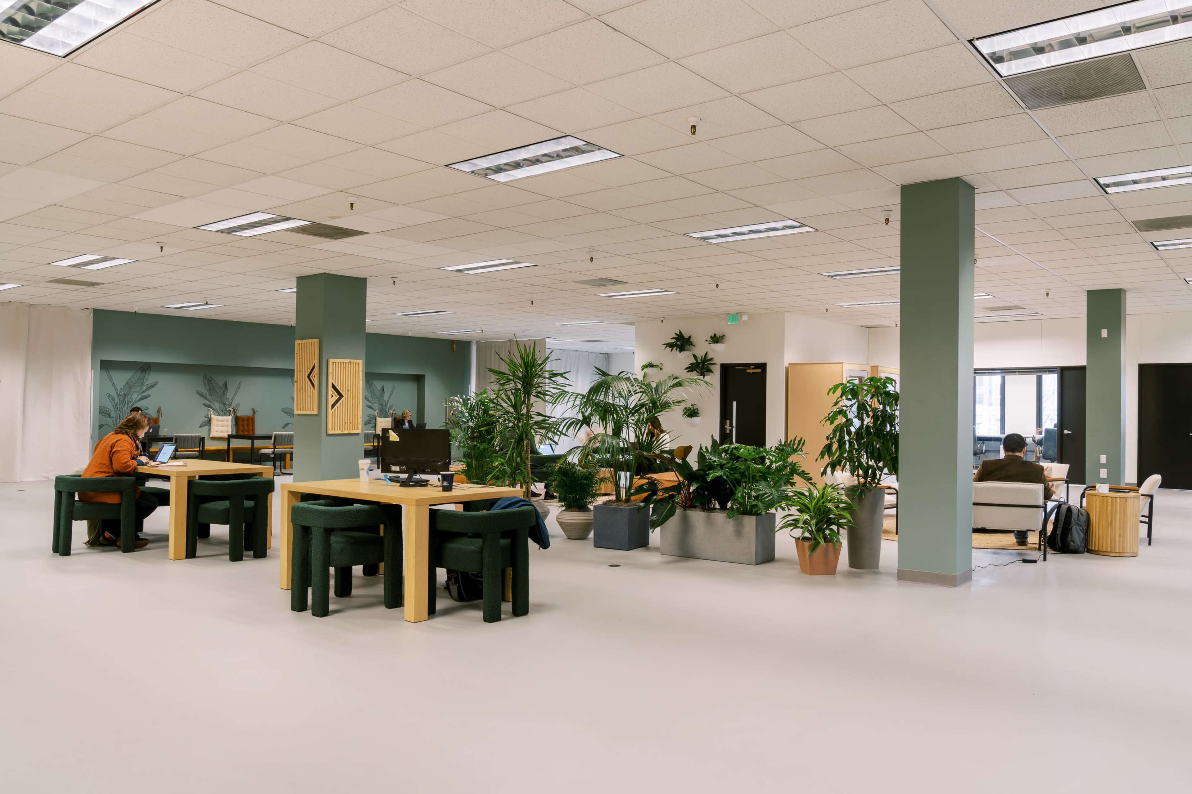 A spacious office environment with several desks, plants, and seating areas for working.