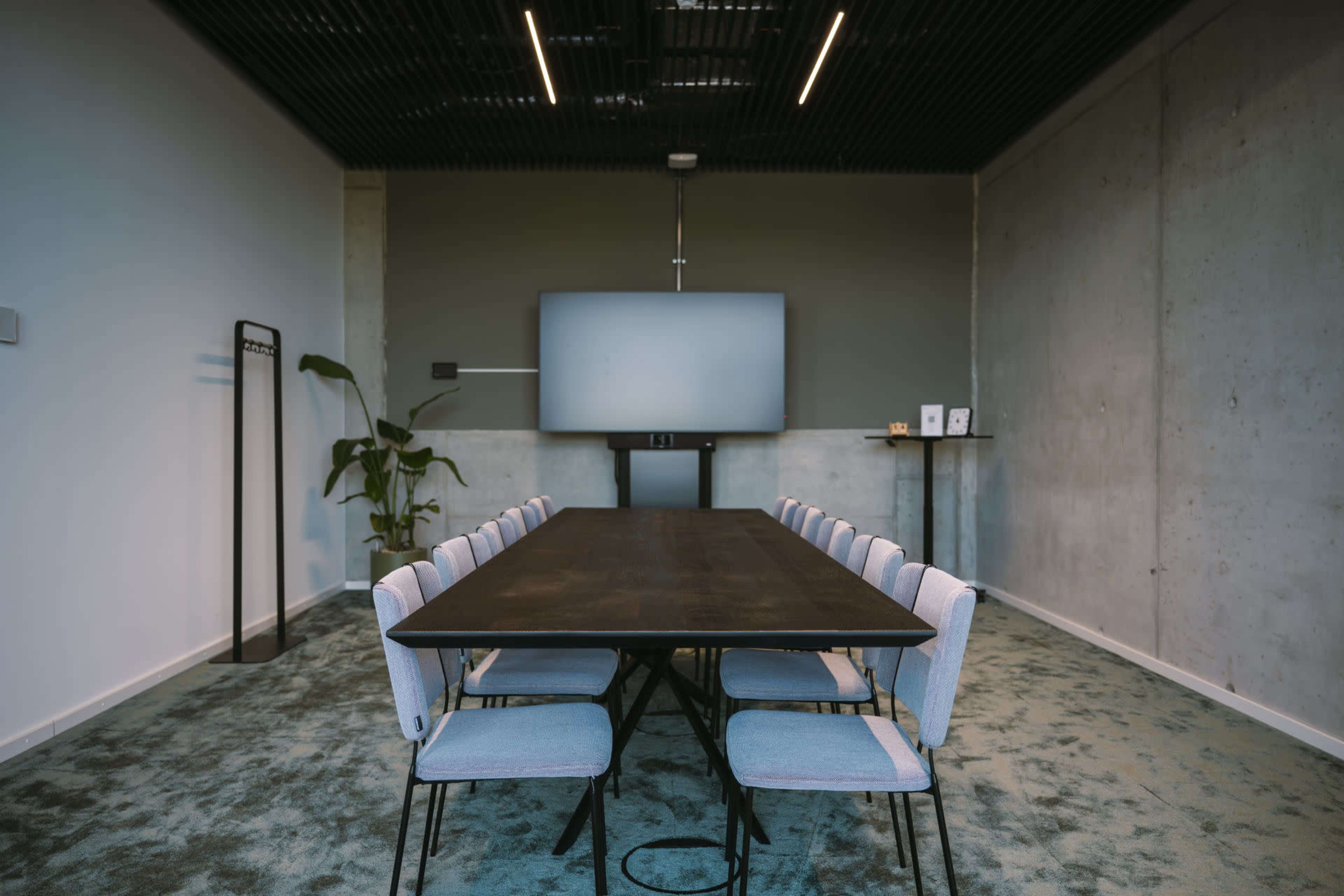 The image shows a modern conference room with a long dark table surrounded by ten chairs, a large screen on the wall, and a plant in the corner.