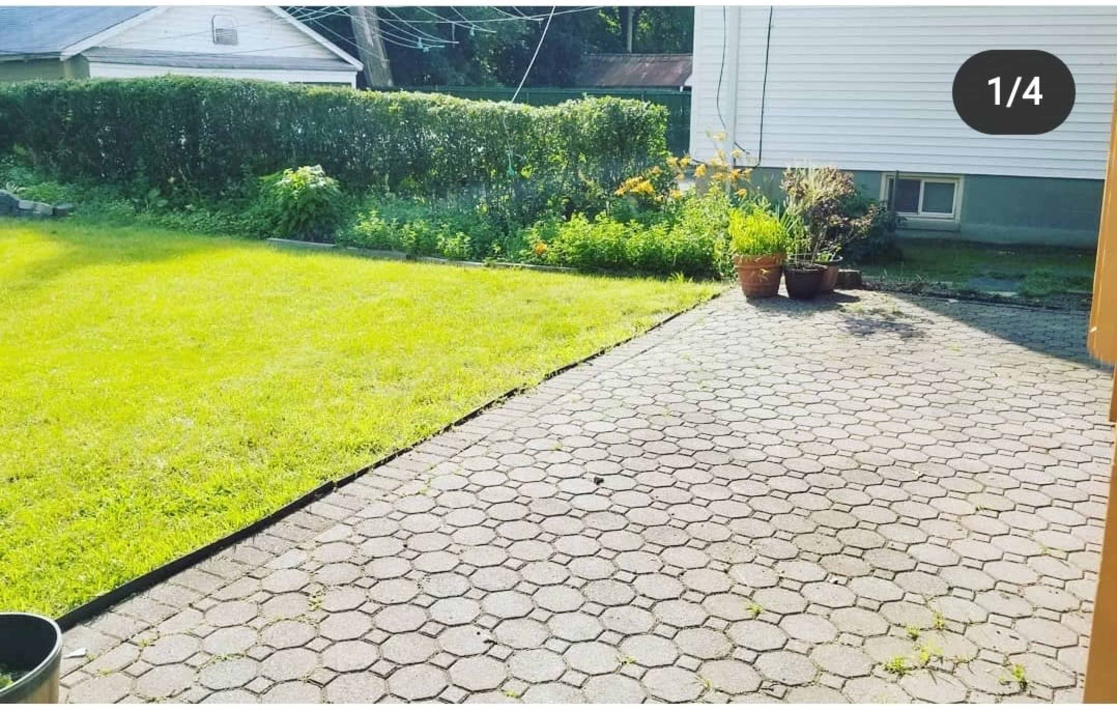 A grassy backyard featuring a paved area and flower pots along one edge.