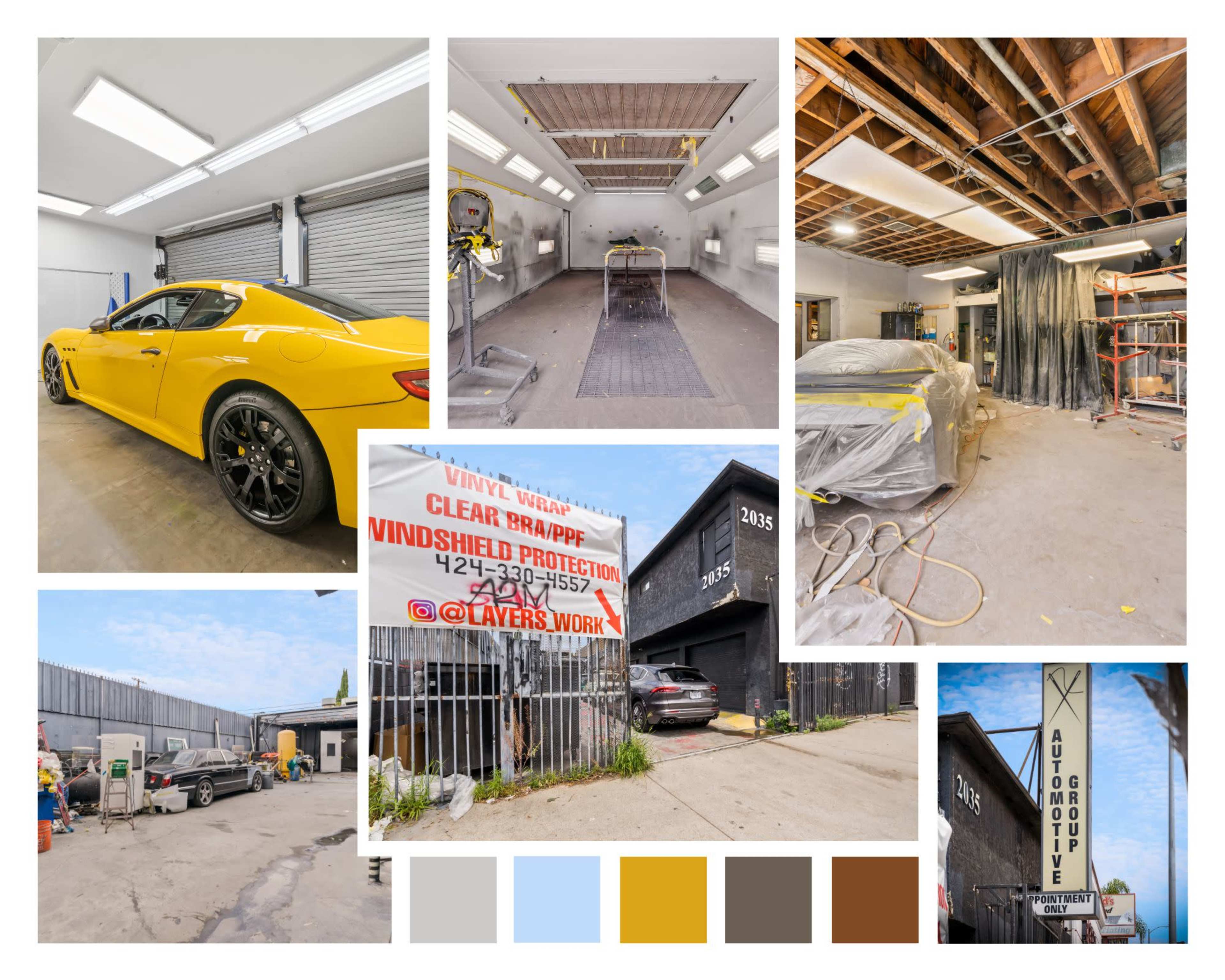 A collage featuring a yellow car in a garage, a car detailing area, and various workspaces, including a vinyl wrap station and an automotive group sign.