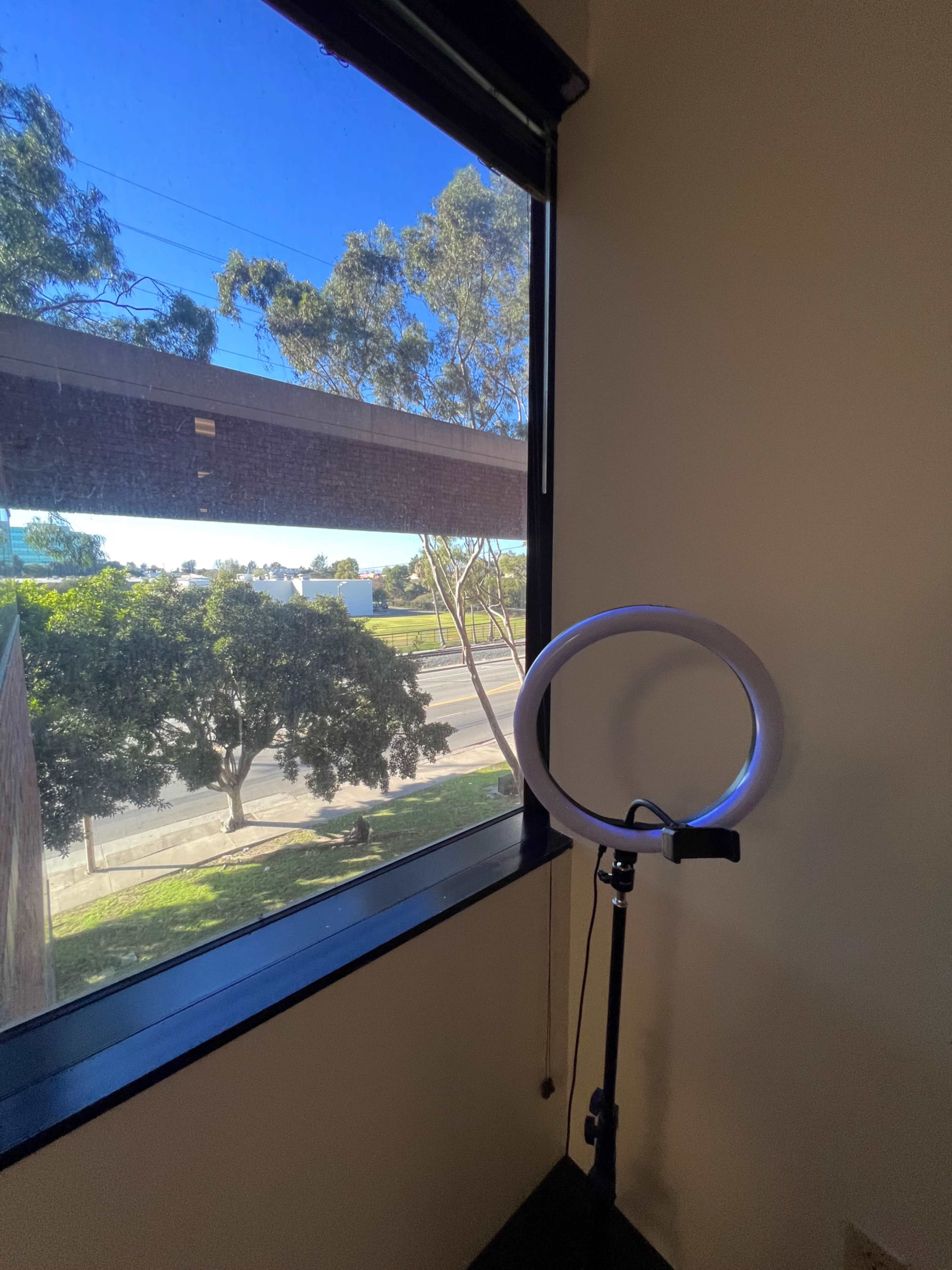 A window with a view of a road and trees, featuring a ring light on a stand in the corner of the room.