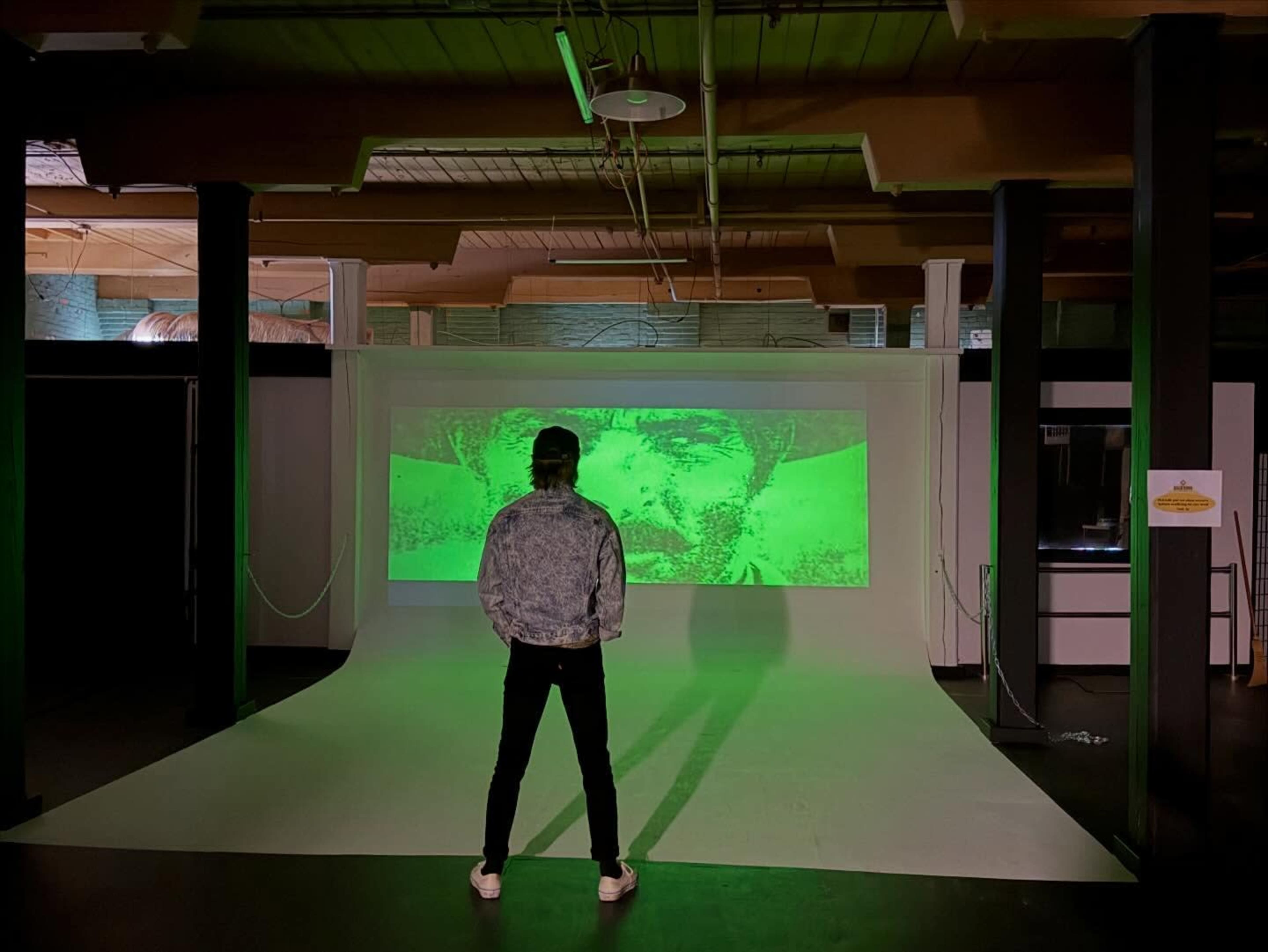 A person stands in an art space, facing a large green projection on a wall that displays an abstract image.