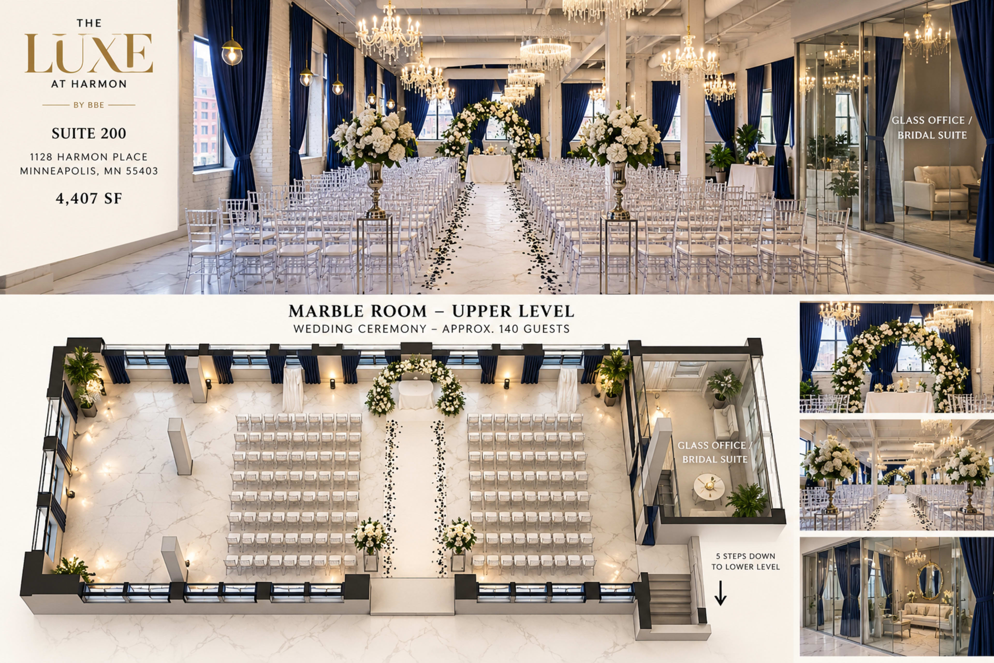The image showcases a spacious wedding venue with elegantly arranged seating for approximately 140 guests, featuring a white and floral decor theme in the Marble Room at The Luxe at Harmon in Minneapolis.