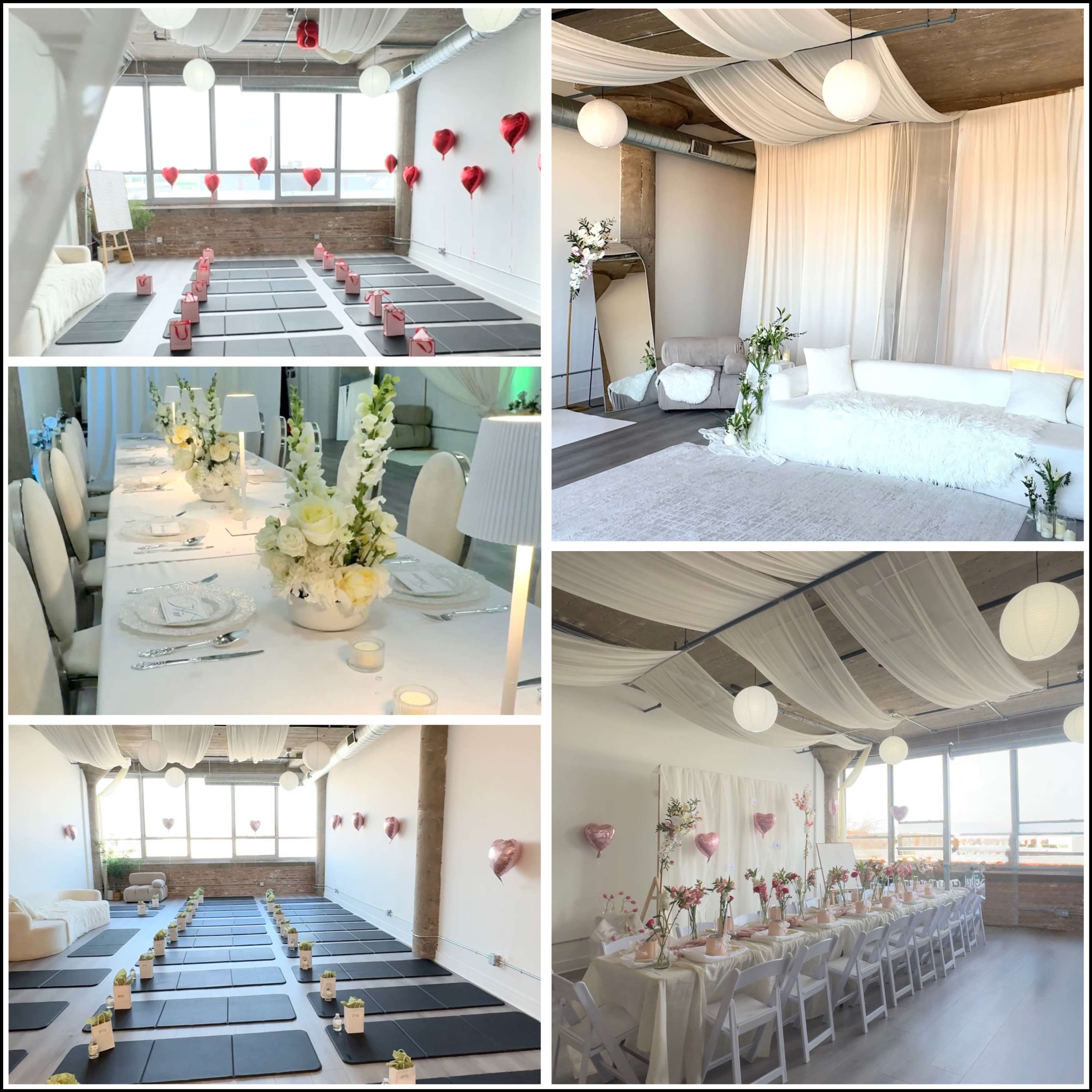 The image displays a decorated event space featuring a dining area with elegant table settings and a separate section arranged with floor mats, both adorned with white drapes and hanging lanterns.