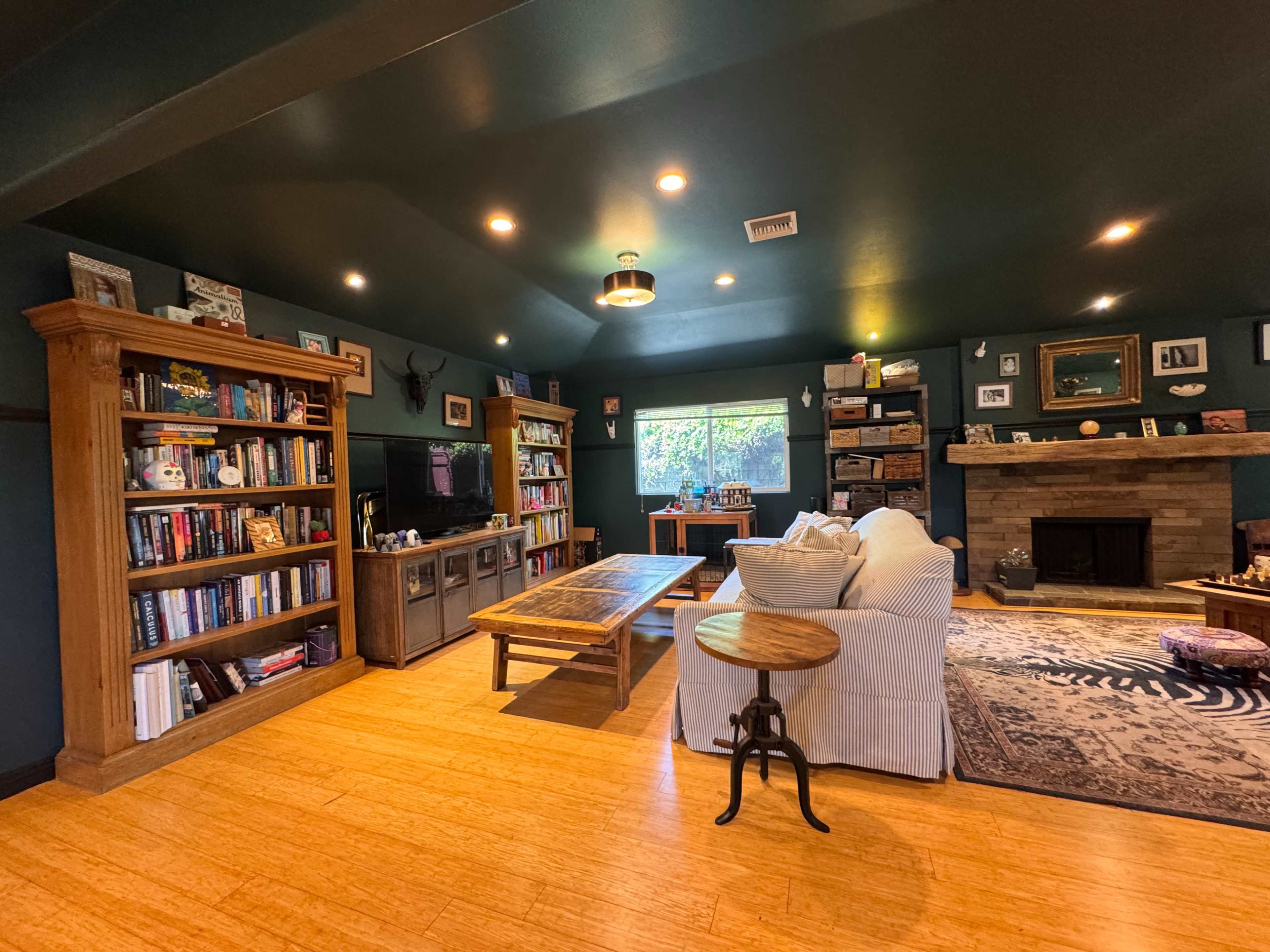The image shows a cozy living room with a wooden bookshelf, a television unit, a coffee table, a sofa, and a stone fireplace.