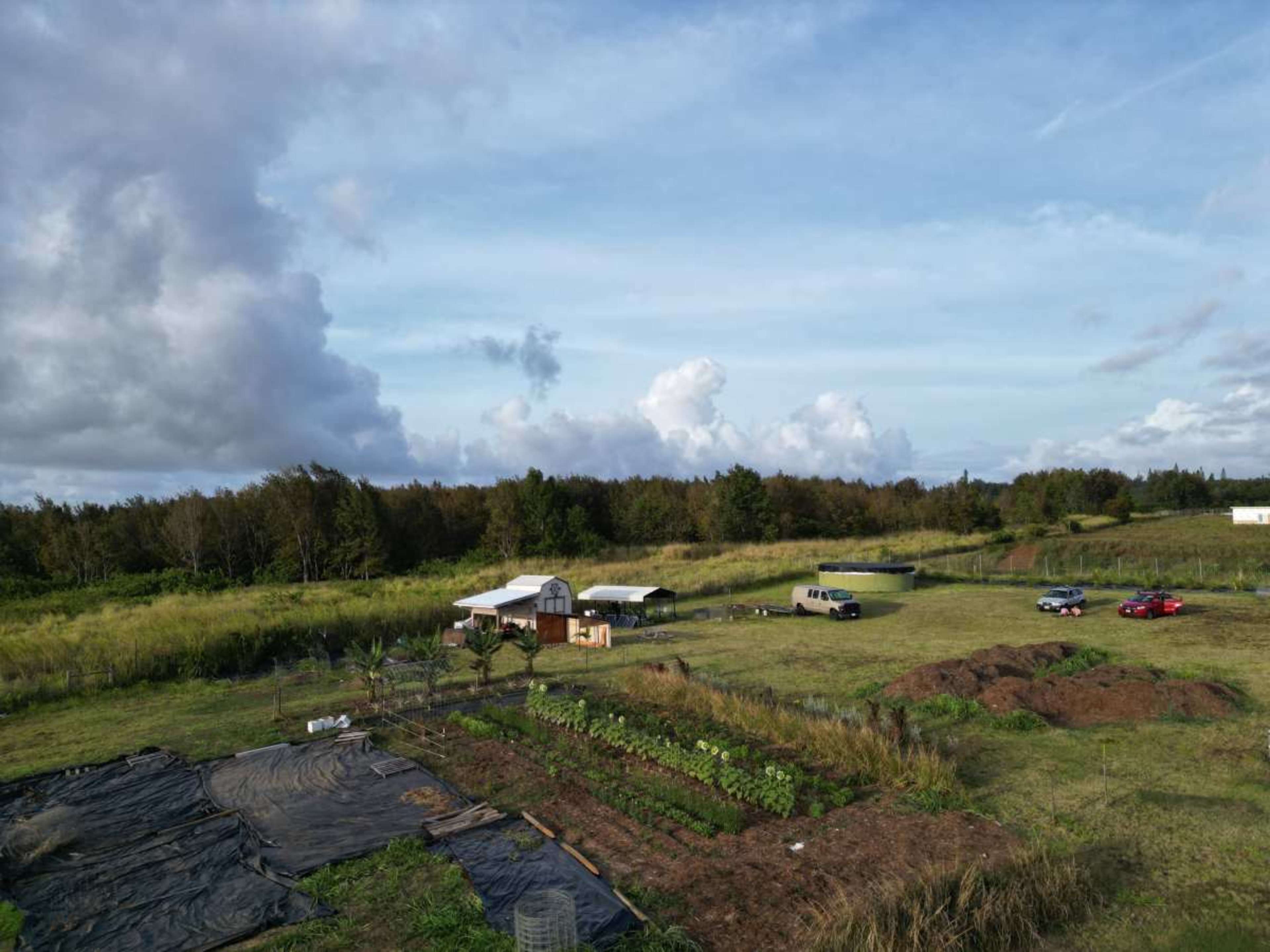 The image shows an aerial view of a farmland area with a house, several vehicles, and rows of crops under a partly cloudy sky.
