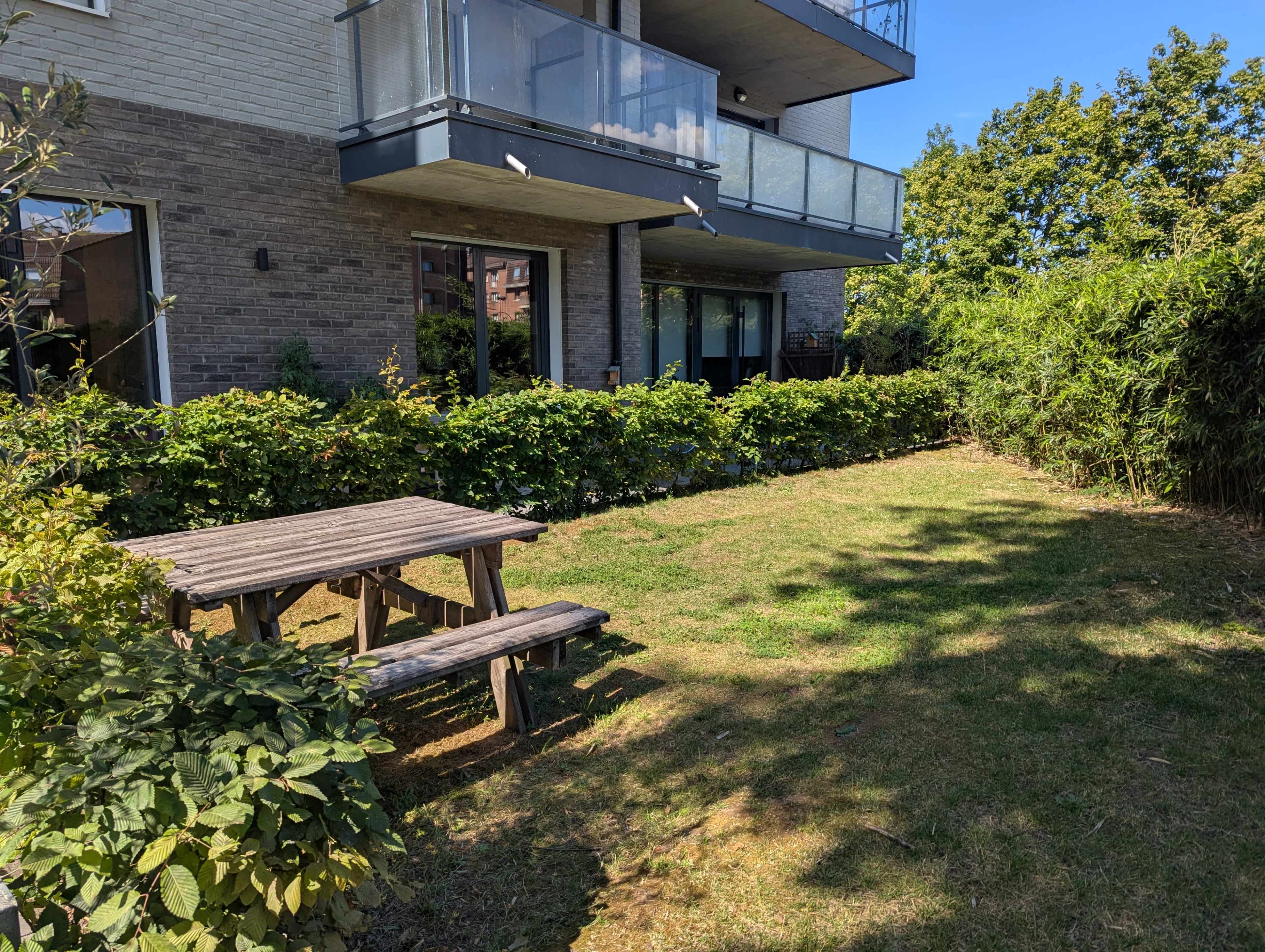 The image shows a grassy area with a wooden picnic table surrounded by low shrubs and plants in front of a modern building.