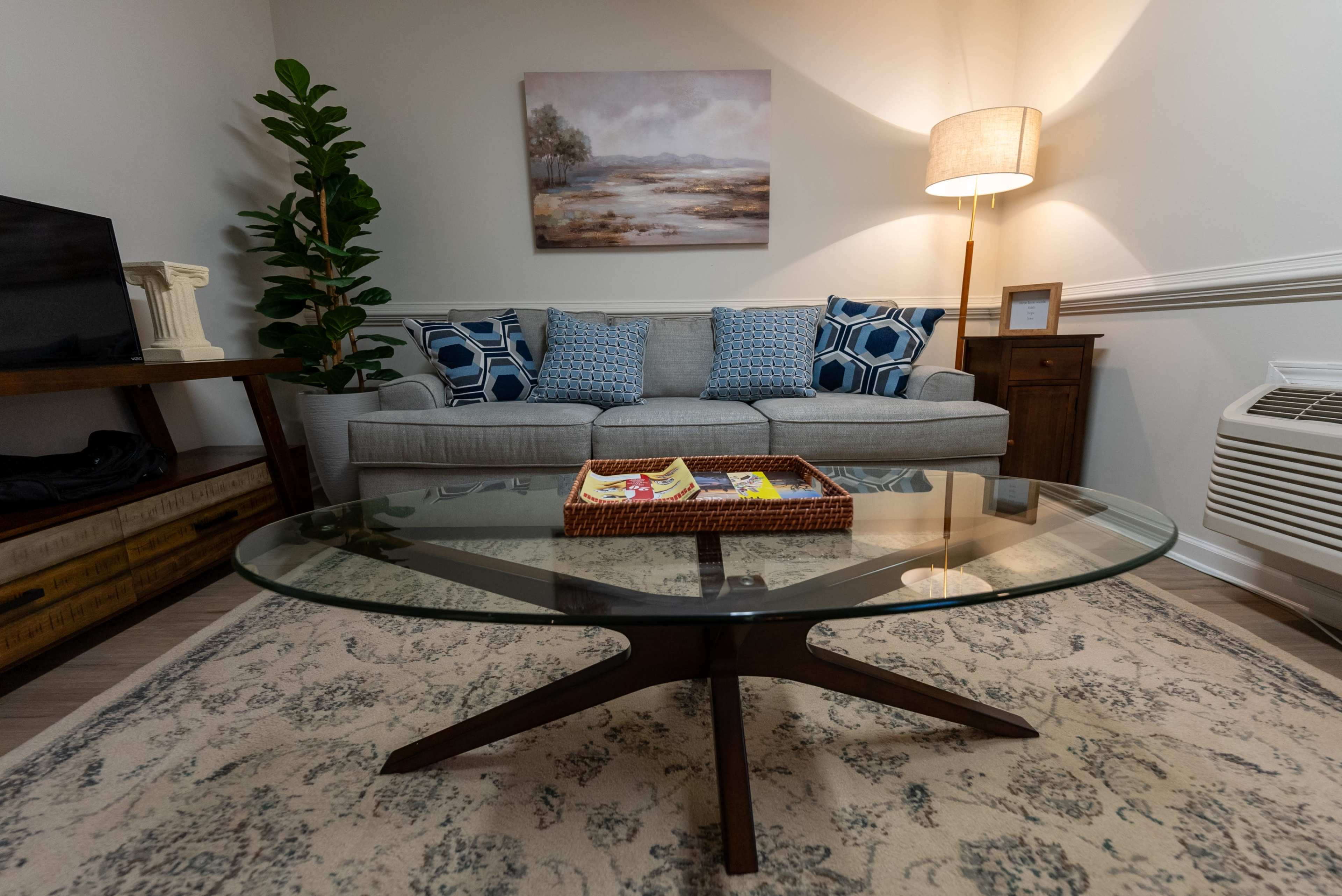 The image shows a cozy living room with a gray sofa, decorative pillows, a glass coffee table, a lamp, and a painting on the wall.