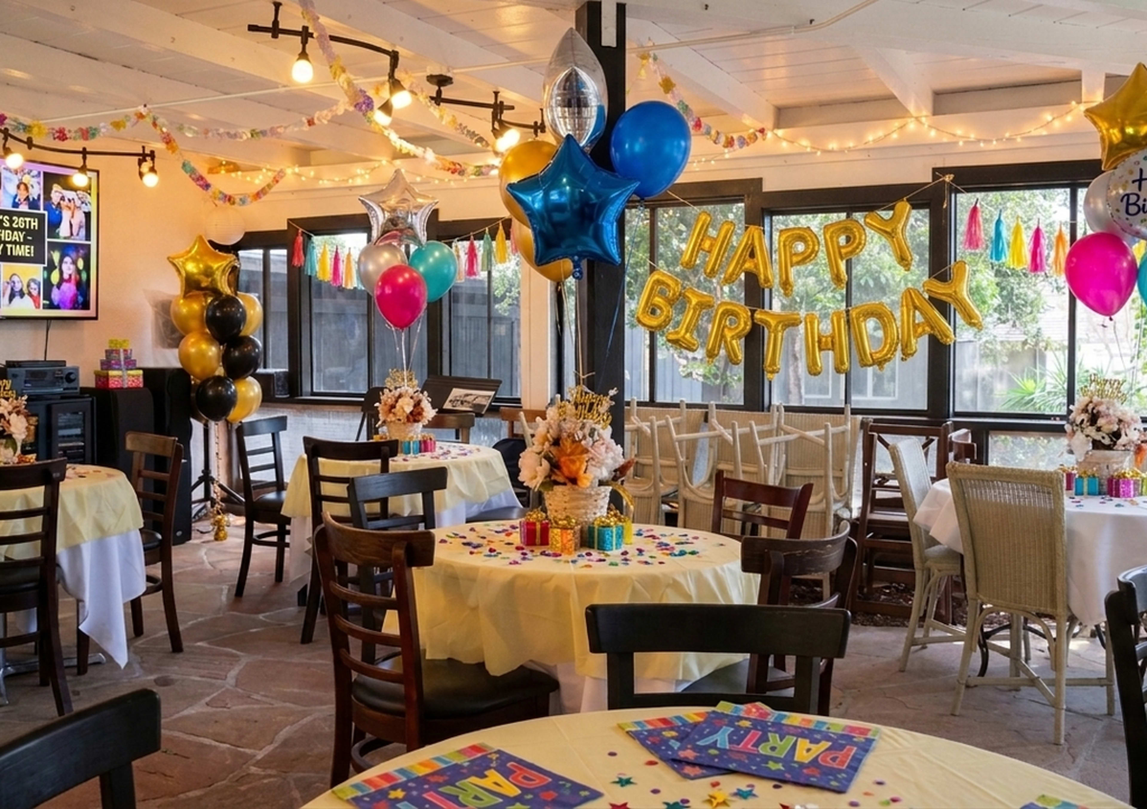 A decorated birthday party venue features colorful balloons, a banner that reads "Happy Birthday," and tables set with party supplies.