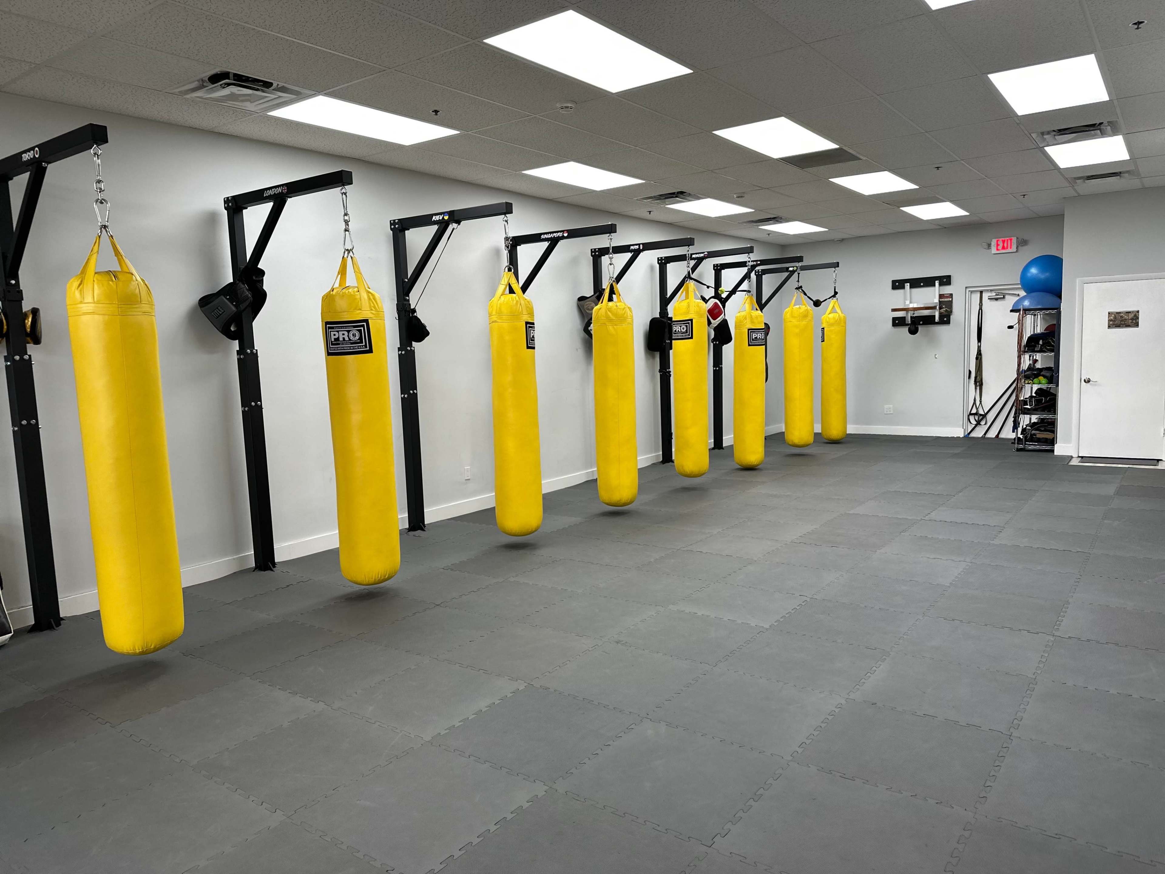 A workout room fitted with multiple yellow punching bags hanging from black racks against a gray rubber floor.