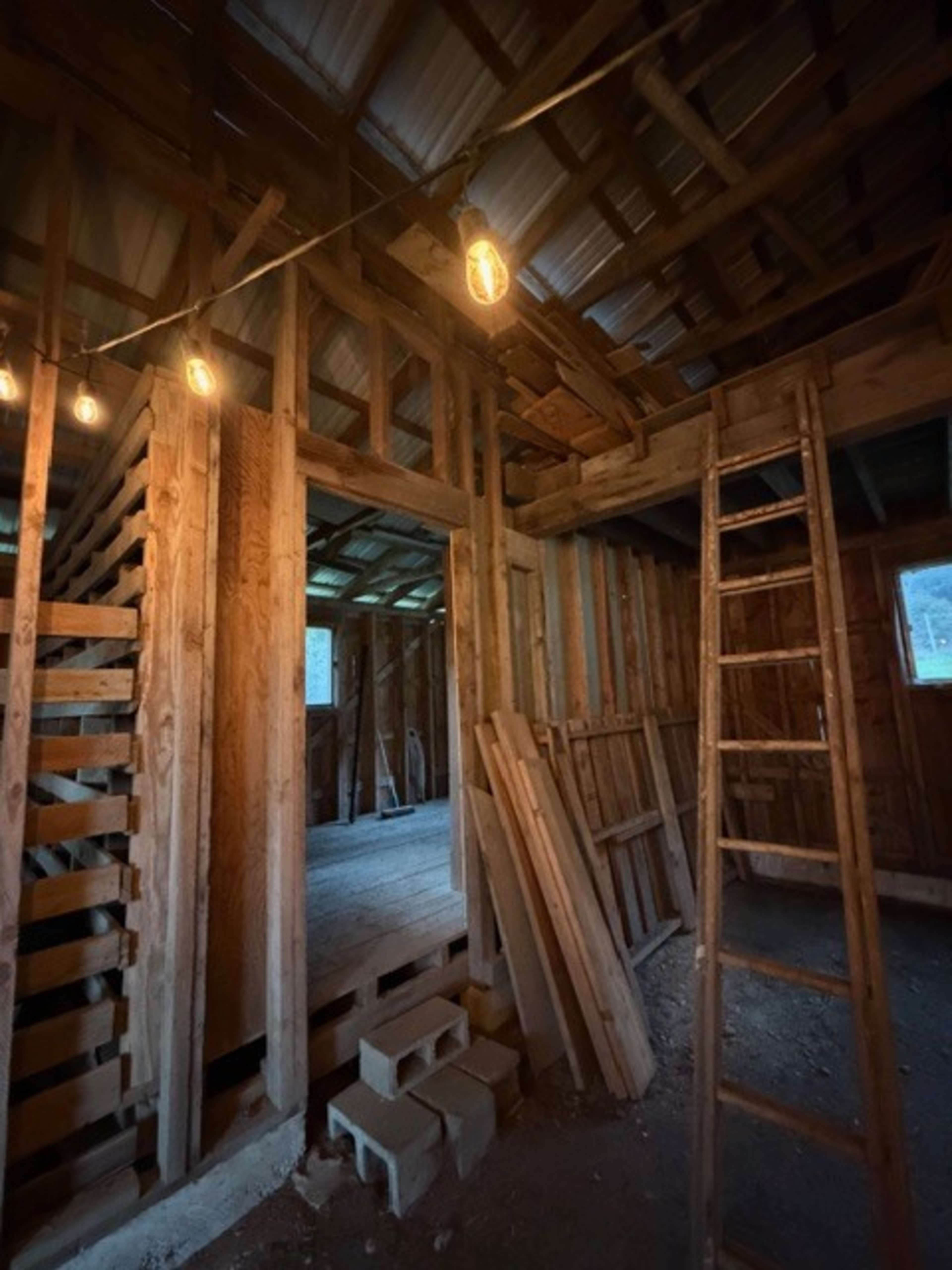 The image shows the interior of an unfinished wooden structure with exposed beams, a ladder against a wall, and light bulbs hanging from a cord.