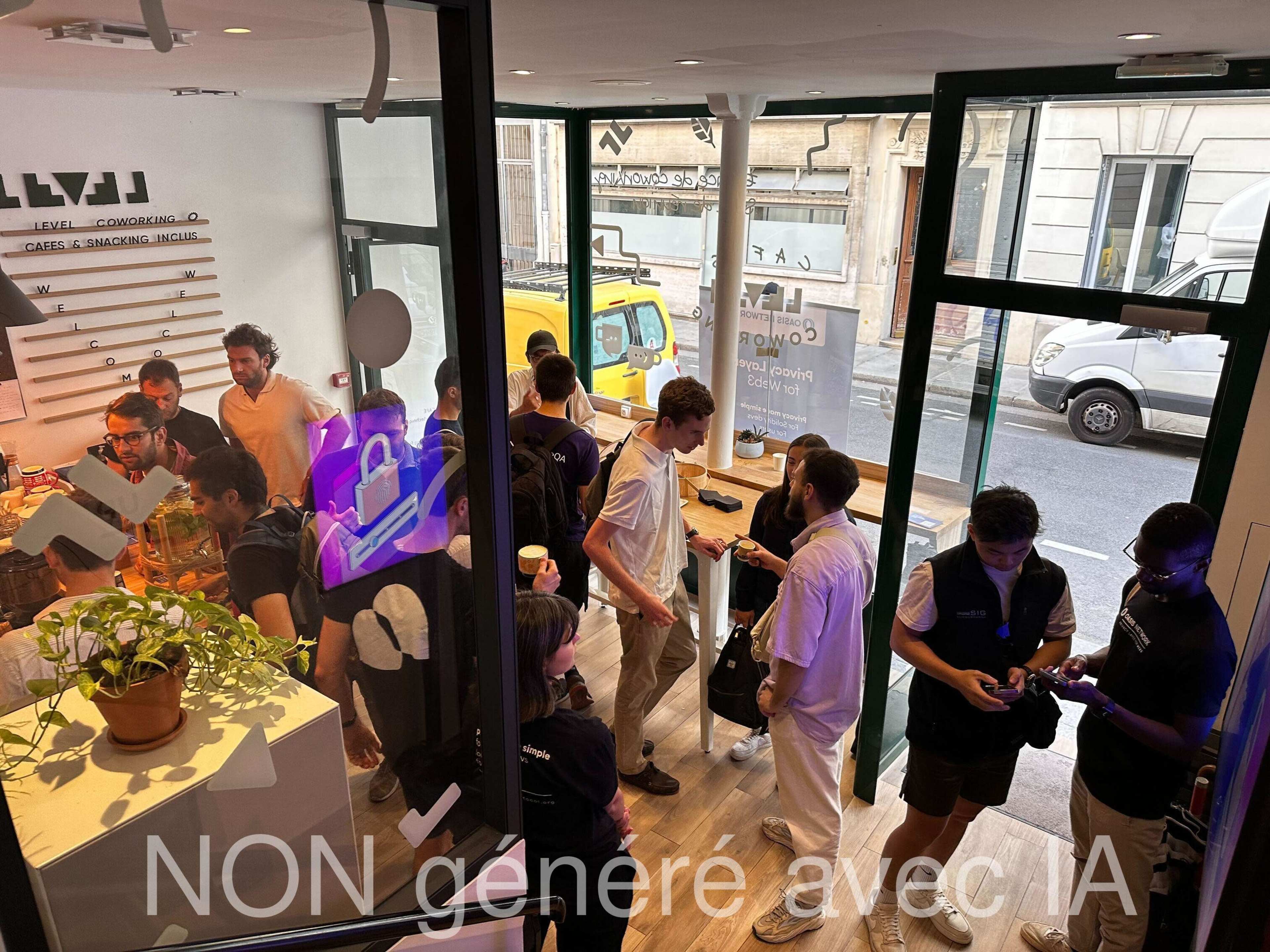 The image shows a crowd of people mingling inside a modern cafe or workspace, with large windows displaying a street view outside.