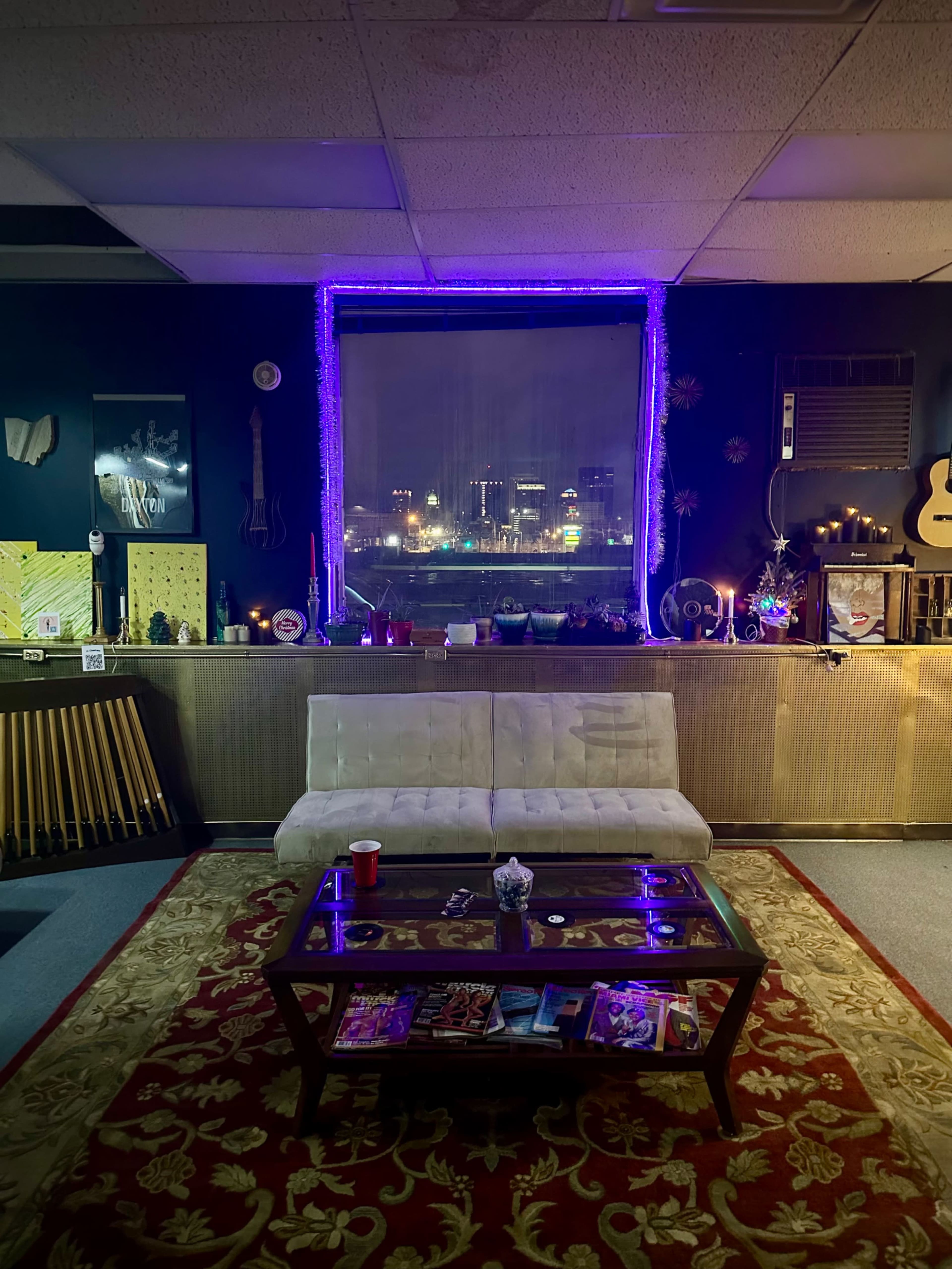 Cozy , Creative & Artistically Inspiring, with a beautiful view of the city downtown. Full Music Stage & PA system for music events, TV screens for movies & a bar area for any food venders. Image in Midtown Dayton, Dayton Ohio, OH
