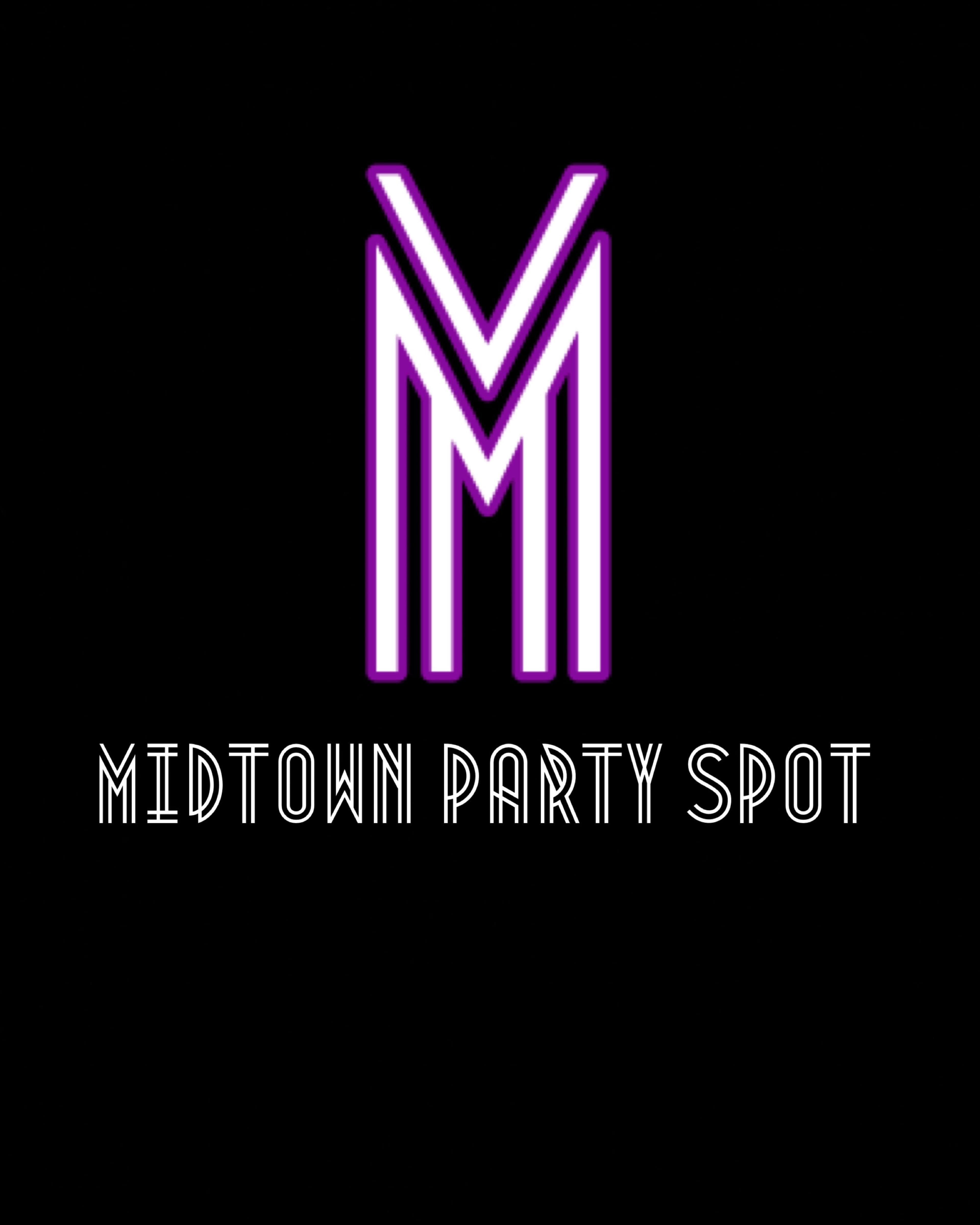 The image features a logo with the letters "M" and "V" in a shiny purple design above the text "MIDTOWN PARTY SPOT" in a bold, white font.