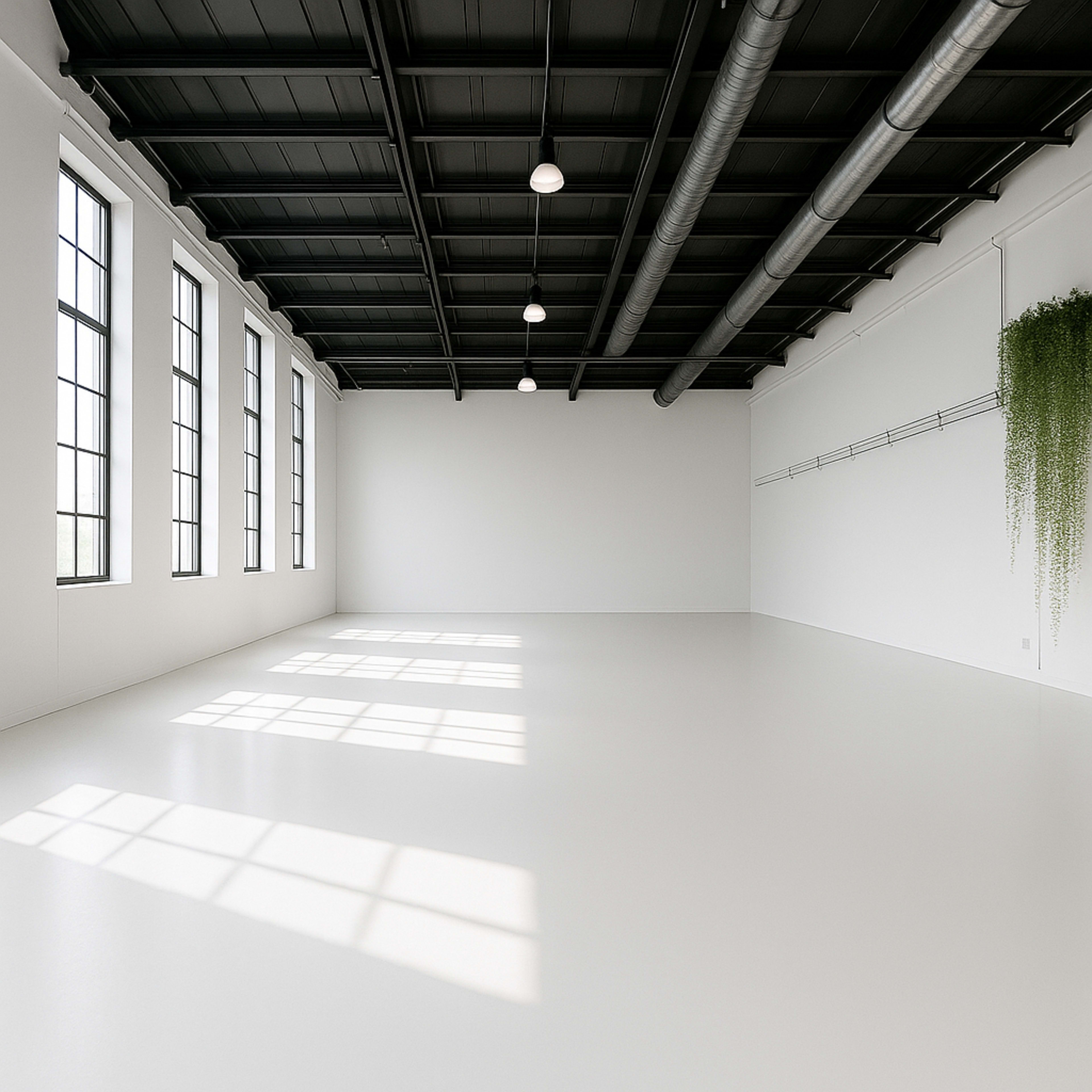A spacious, minimally decorated room features large windows on one side, casting shadows on the white floor and walls, with industrial-style light fixtures overhead.