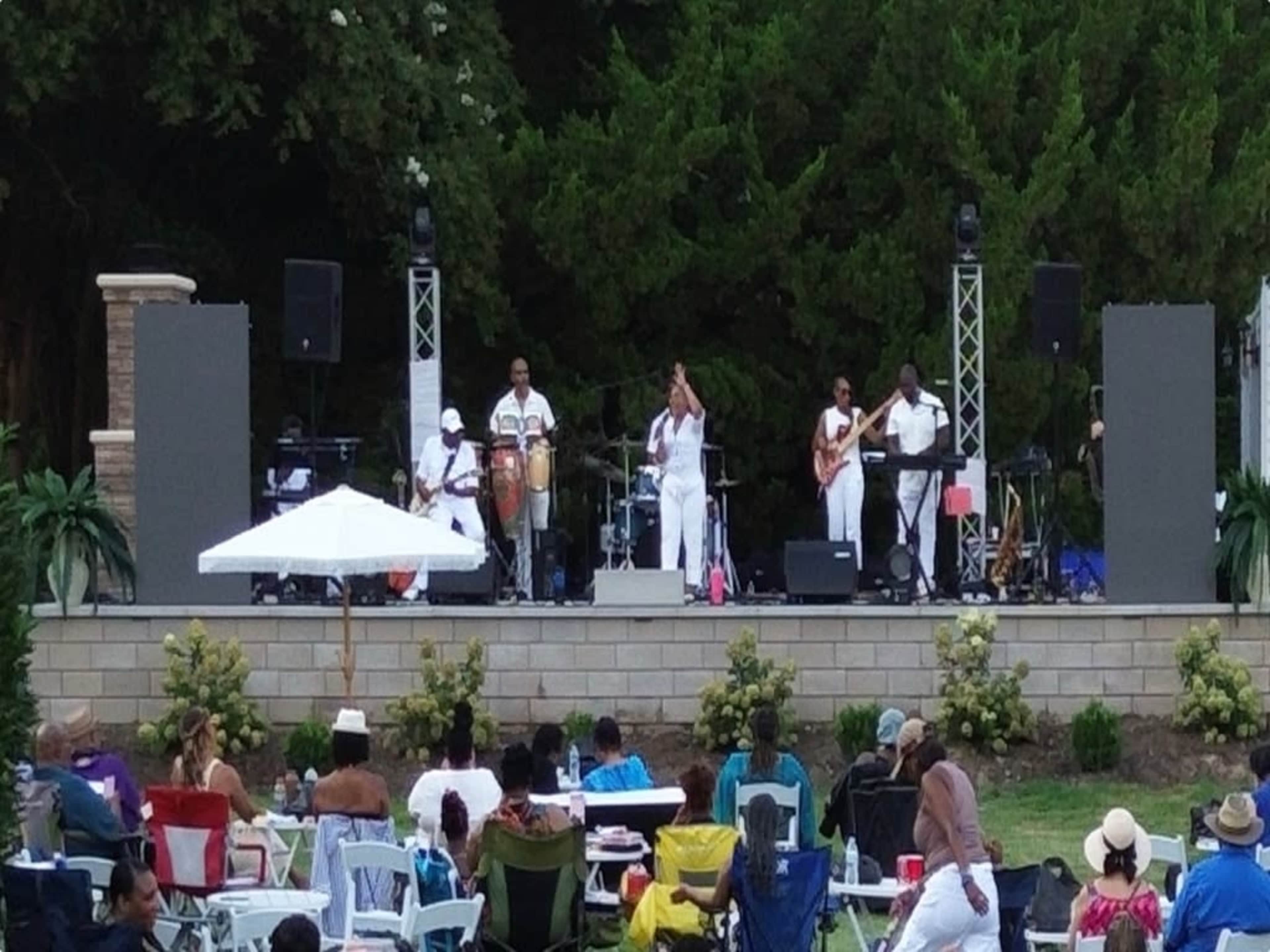 A live band performs on stage while an audience enjoys the music from seated areas on the grass.
