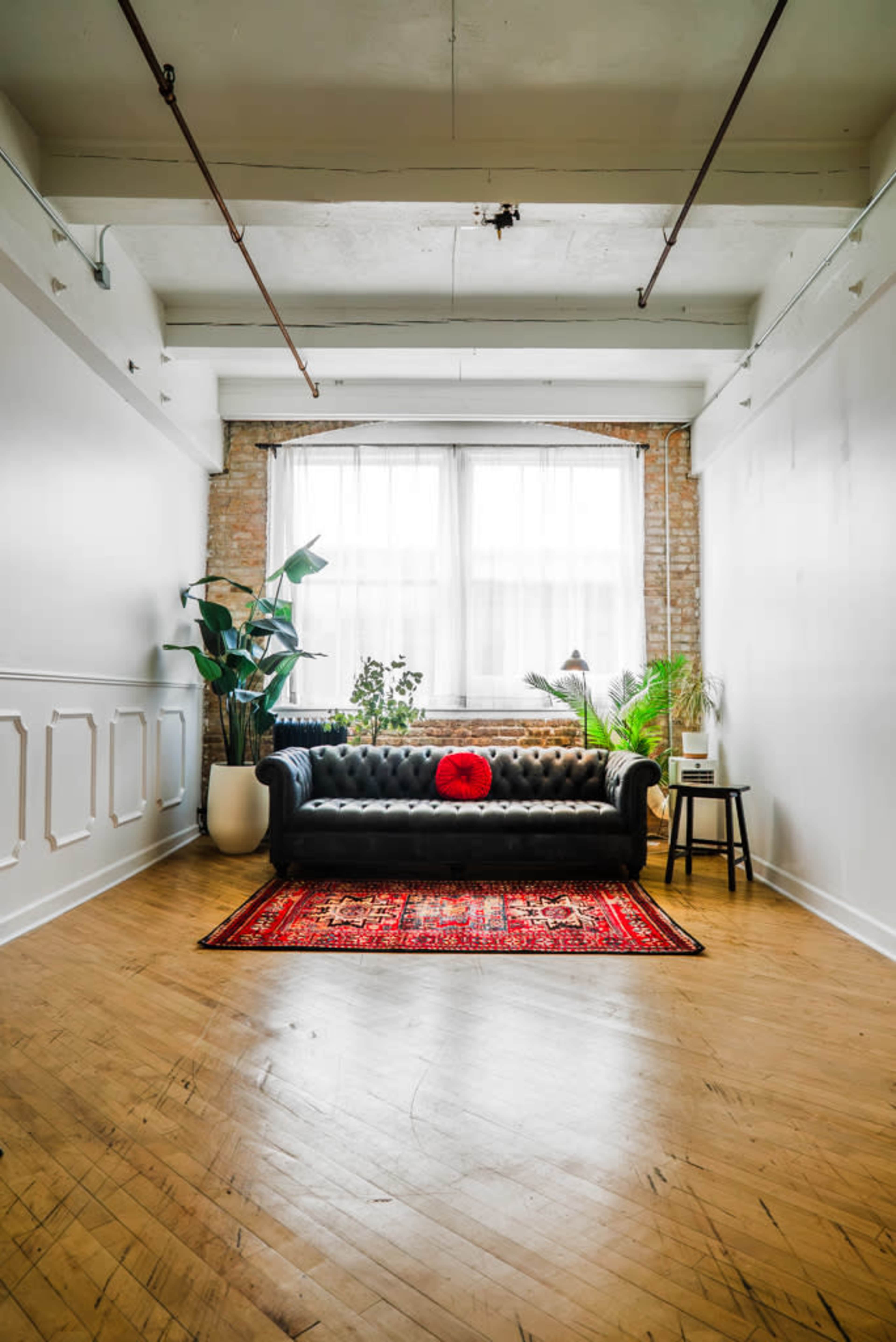 The image shows a spacious room with a black leather couch, a red cushion, a patterned rug, potted plants, and a small side table near a large window.