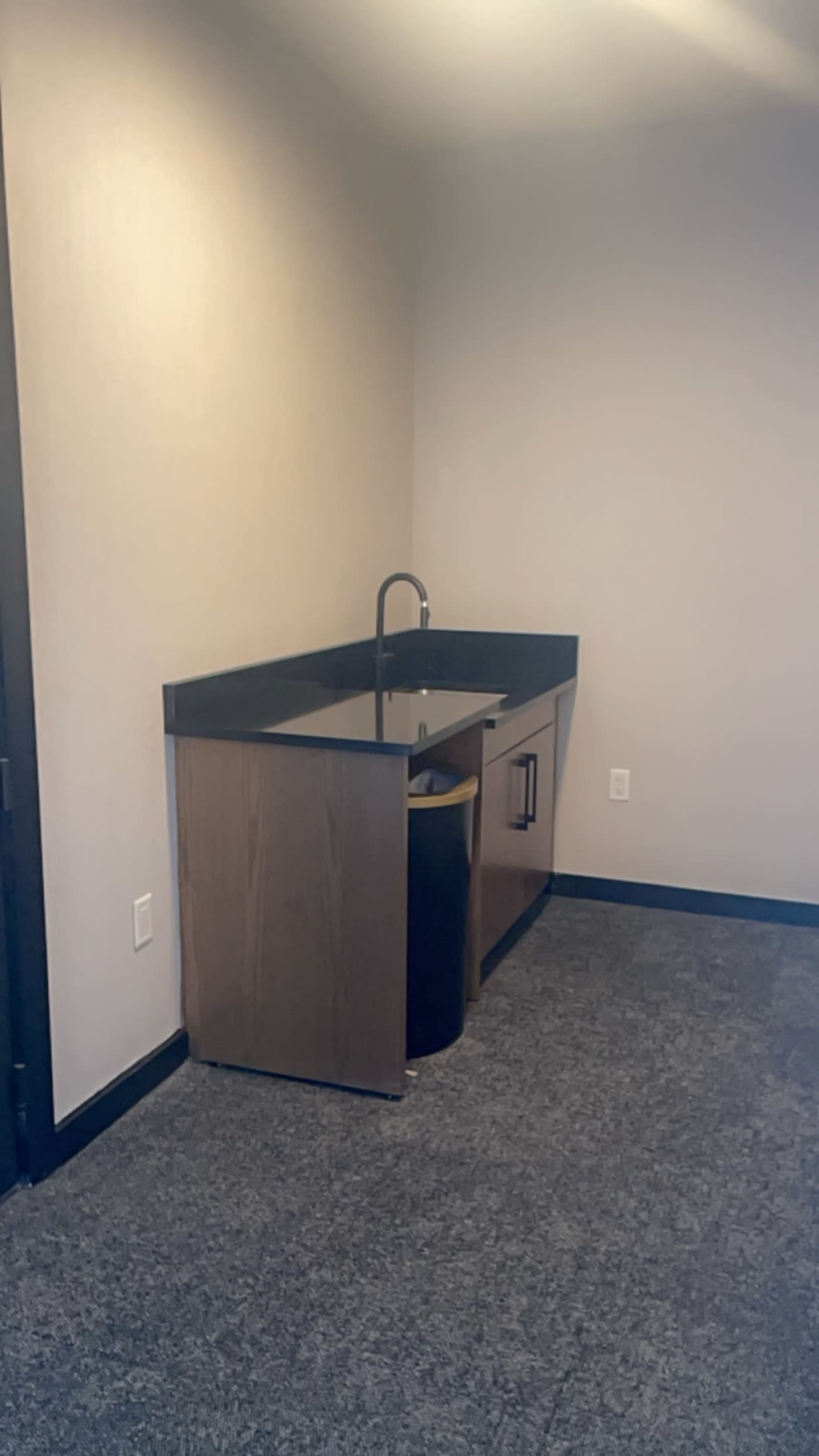The image shows a small kitchenette with a black countertop, a sink, and wooden cabinetry against a plain wall.