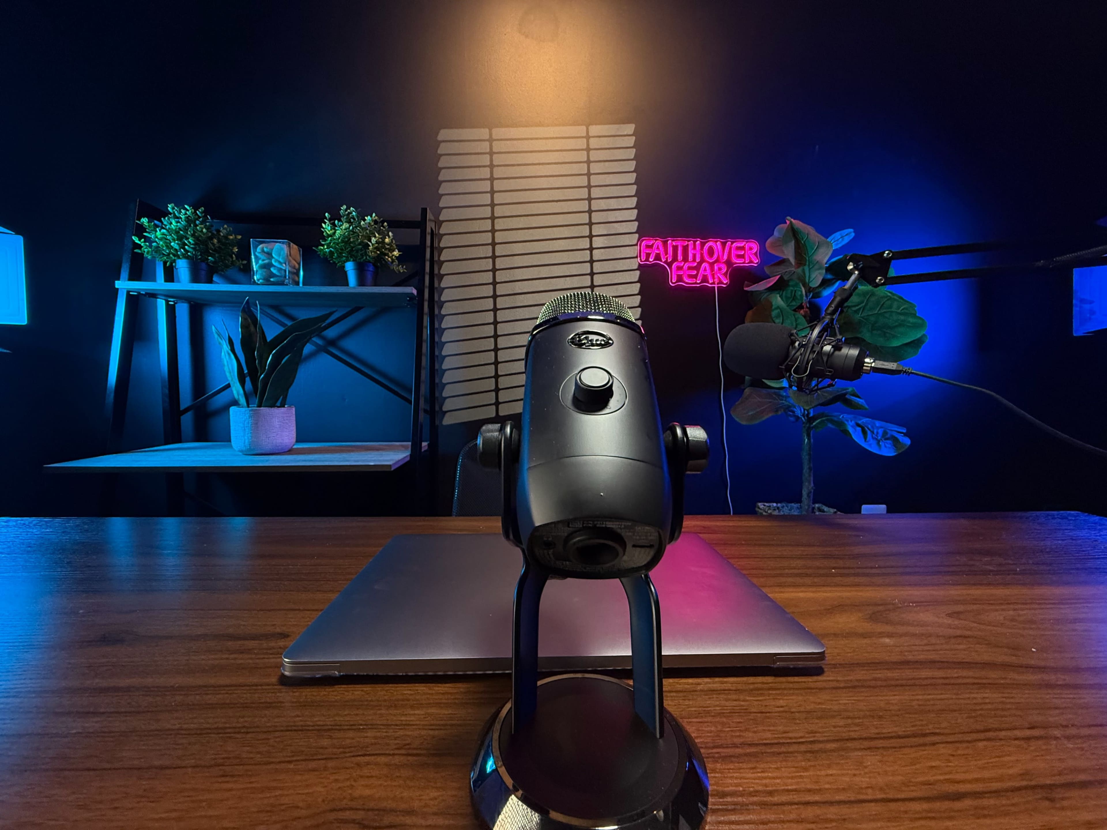 A black microphone sits on a wooden desk in front of a laptop, with colorful neon lights and plants in the background.