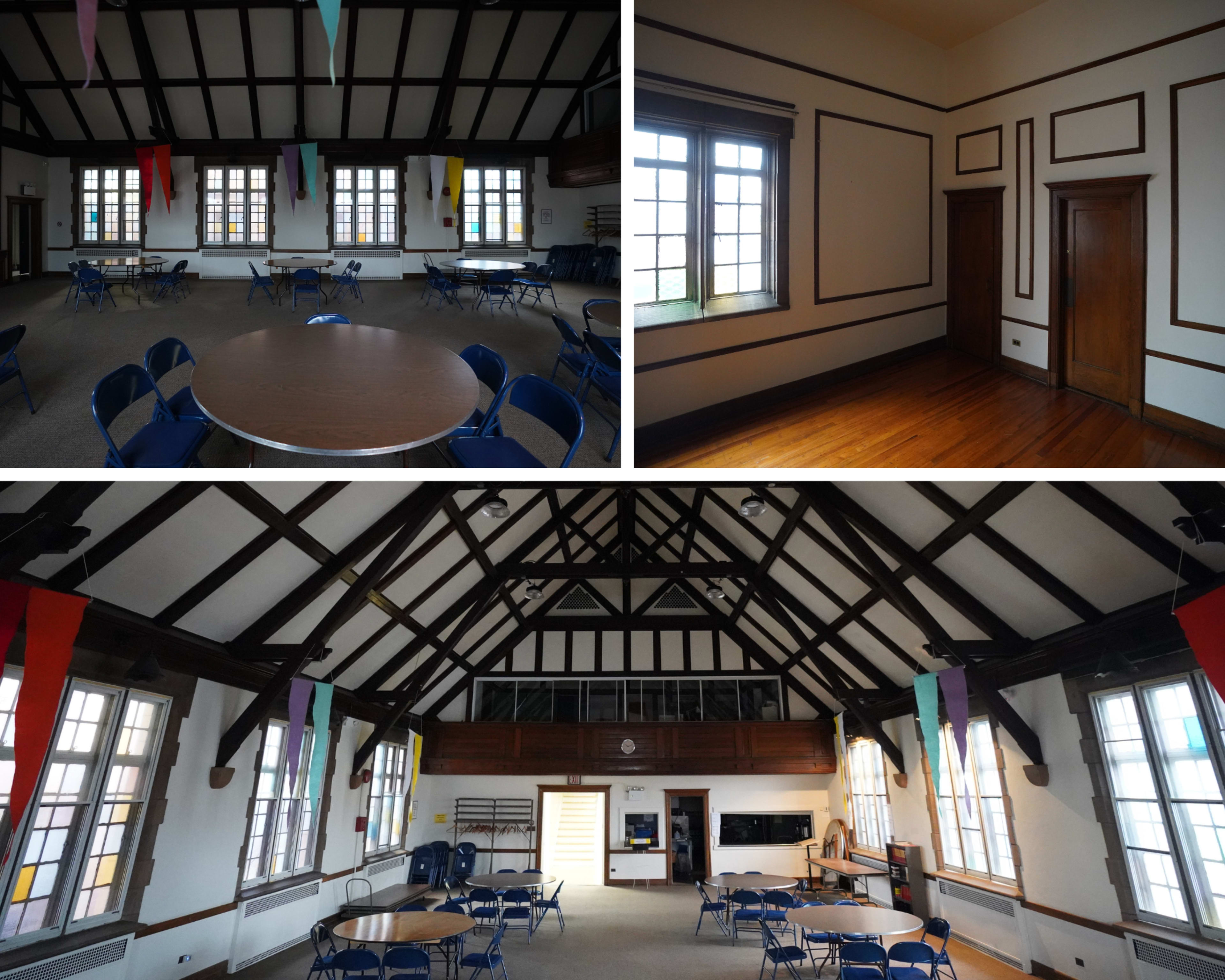 The image shows a spacious room with high ceilings, wooden beams, and several round tables surrounded by blue chairs.