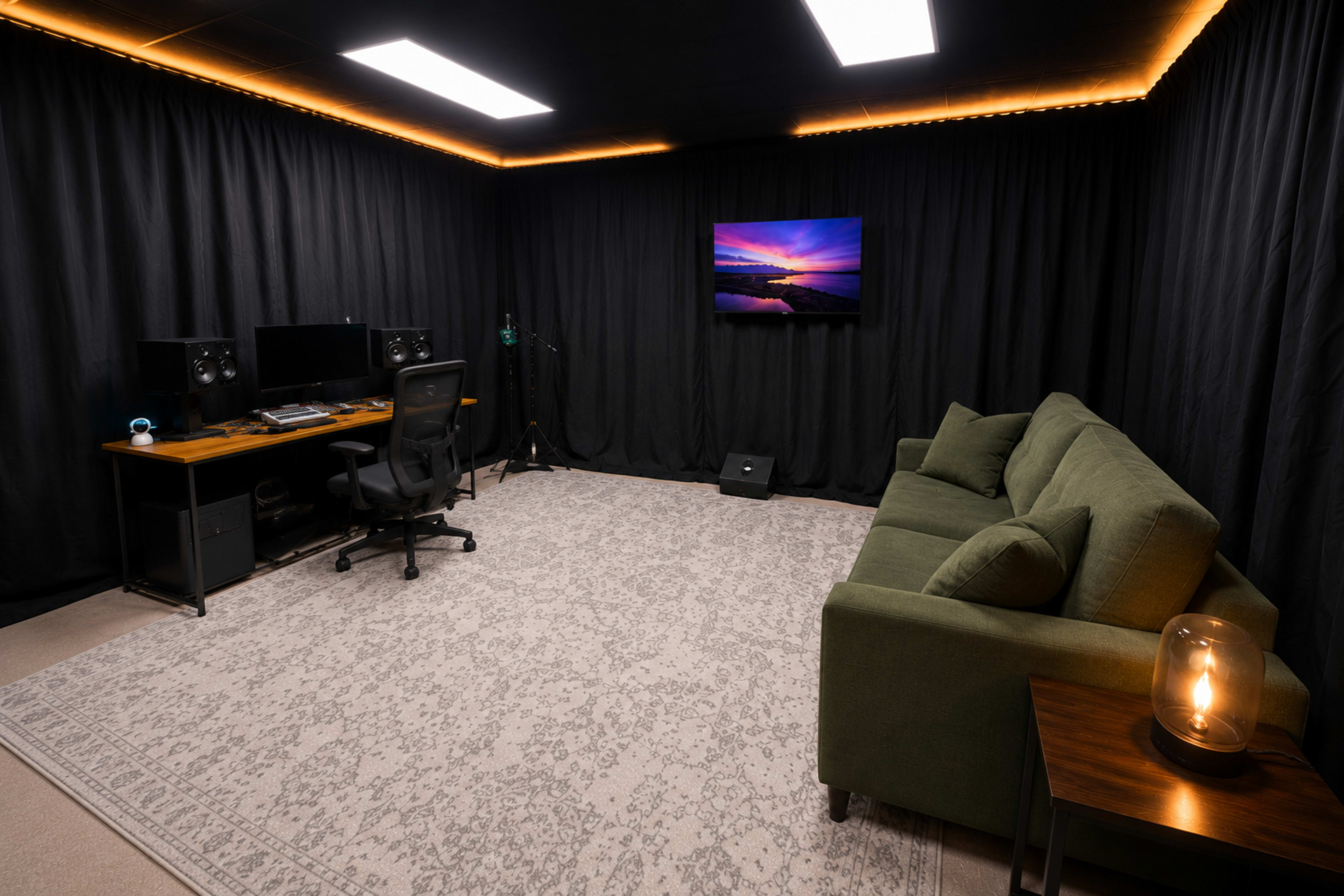 The image shows a soundproof room featuring a desk with dual monitors, a comfortable green sofa, a large rug, and a television mounted on the wall, all surrounded by black curtains.