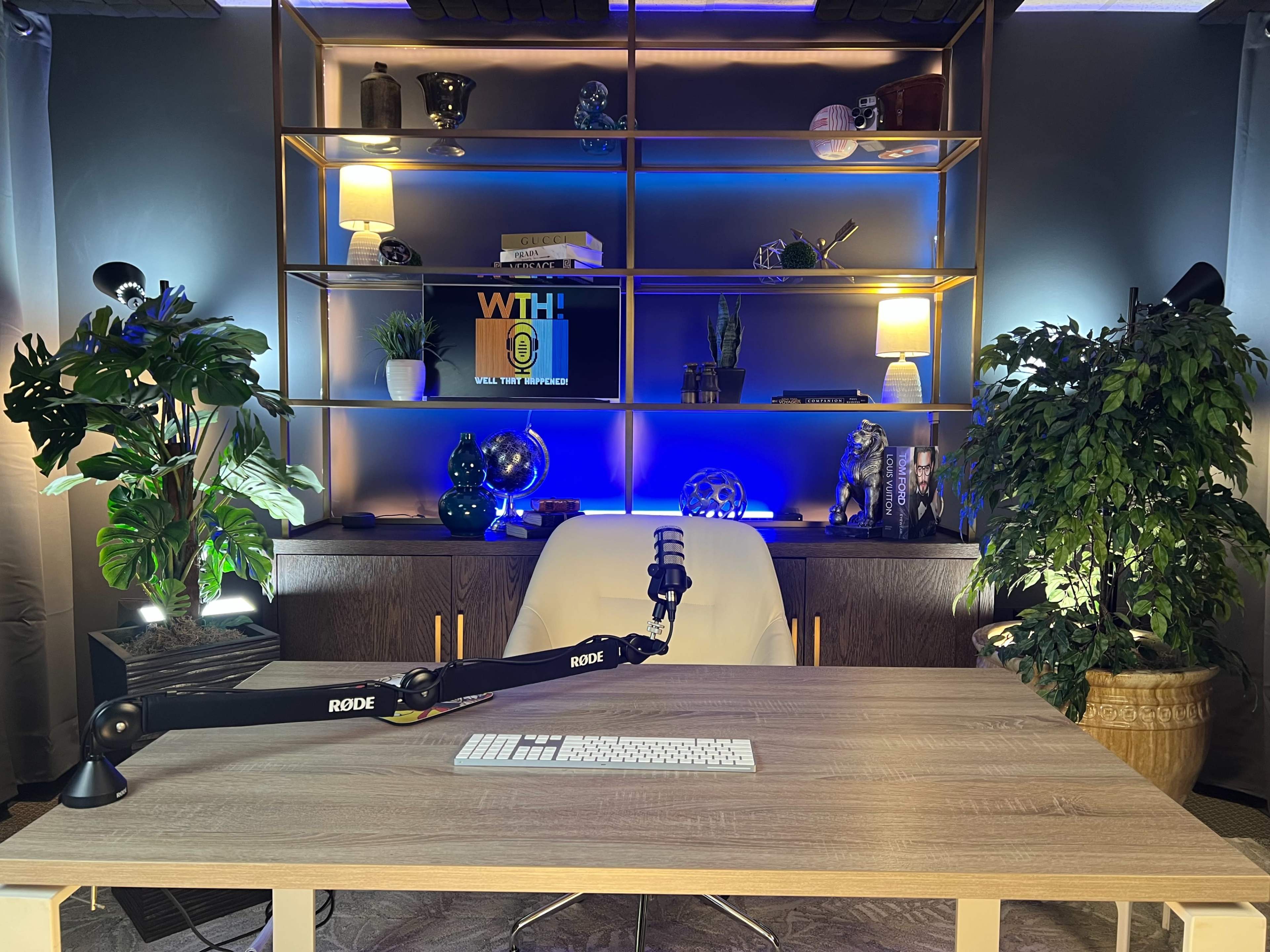 A modern office space features a large wooden desk with a keyboard and microphone, surrounded by decorative plants and illuminated shelves displaying various objects and a monitor.