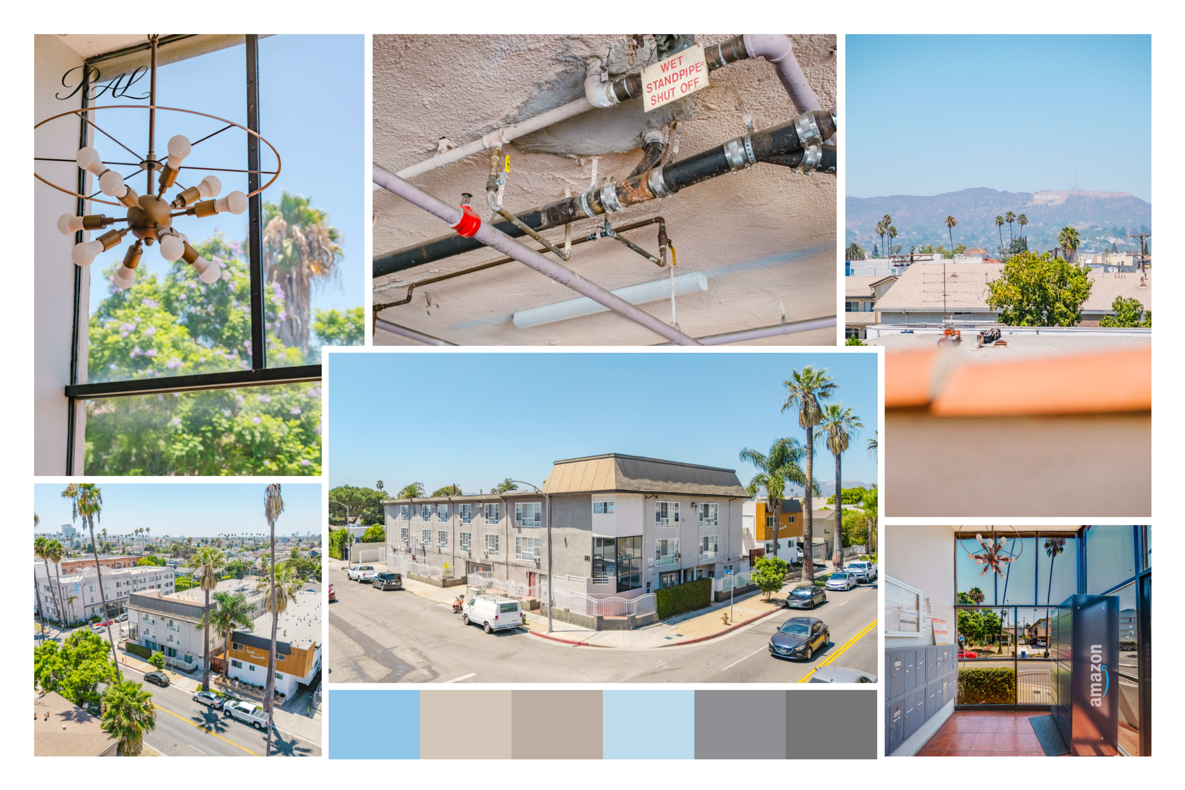 The image collage features a variety of scenes from a neighborhood, including a chandelier, plumbing details, palm trees, and a multi-story building, all set against a bright blue sky.