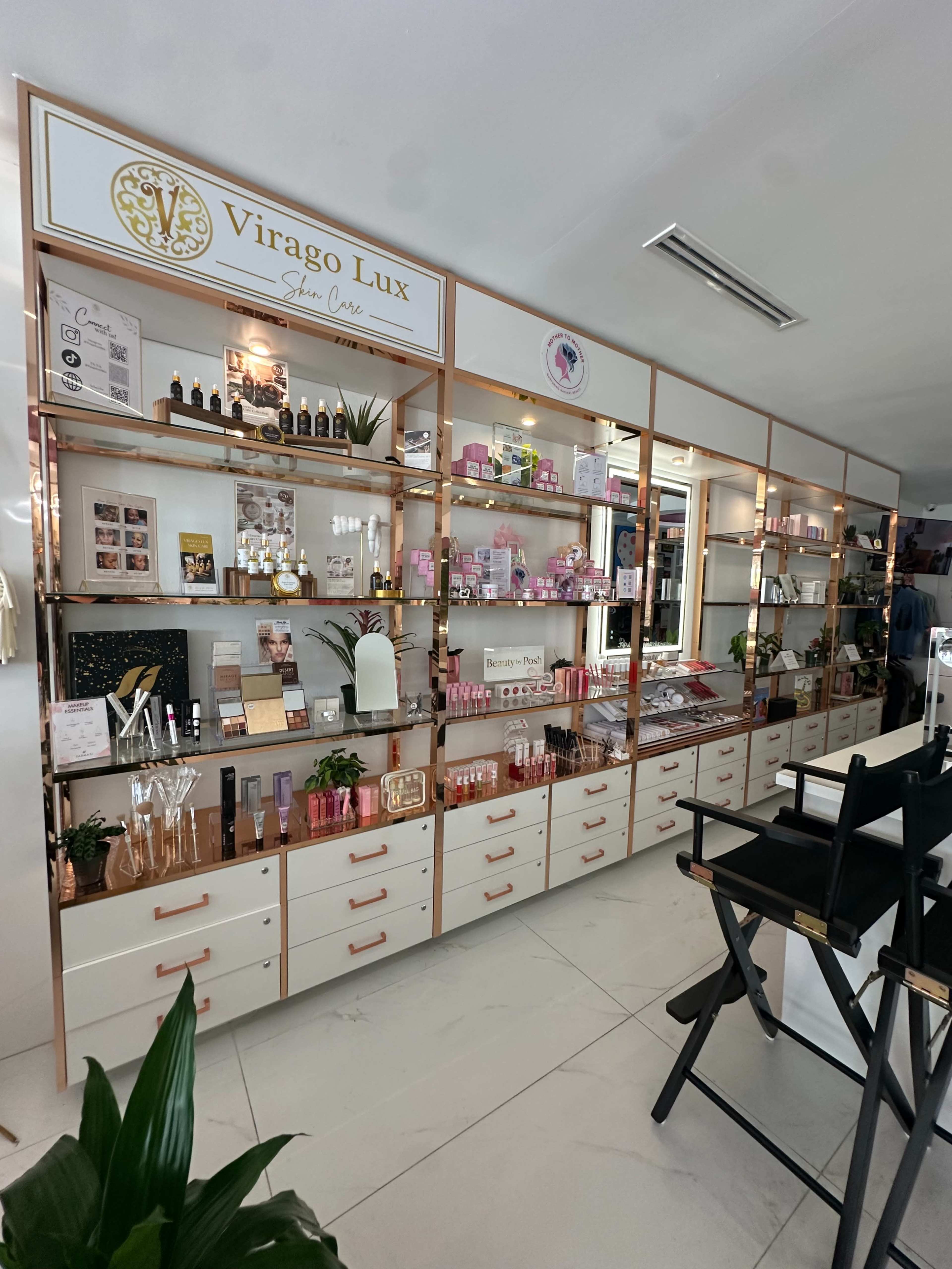 The image shows a well-organized beauty retail display with various skincare and cosmetic products visible on shelves and counters.