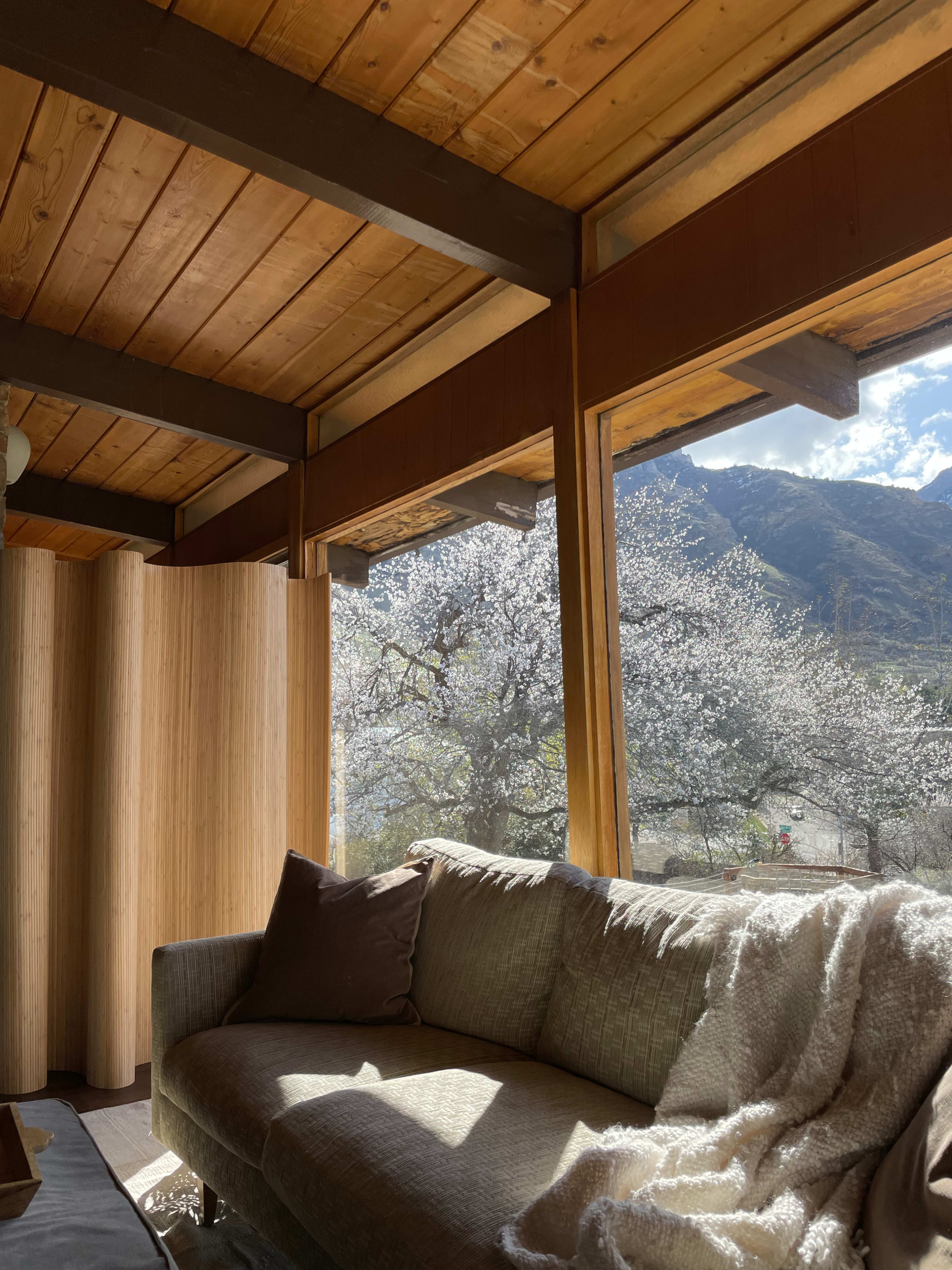 A cozy living area features a green sofa next to large windows that showcase blooming trees and mountains in the background.
