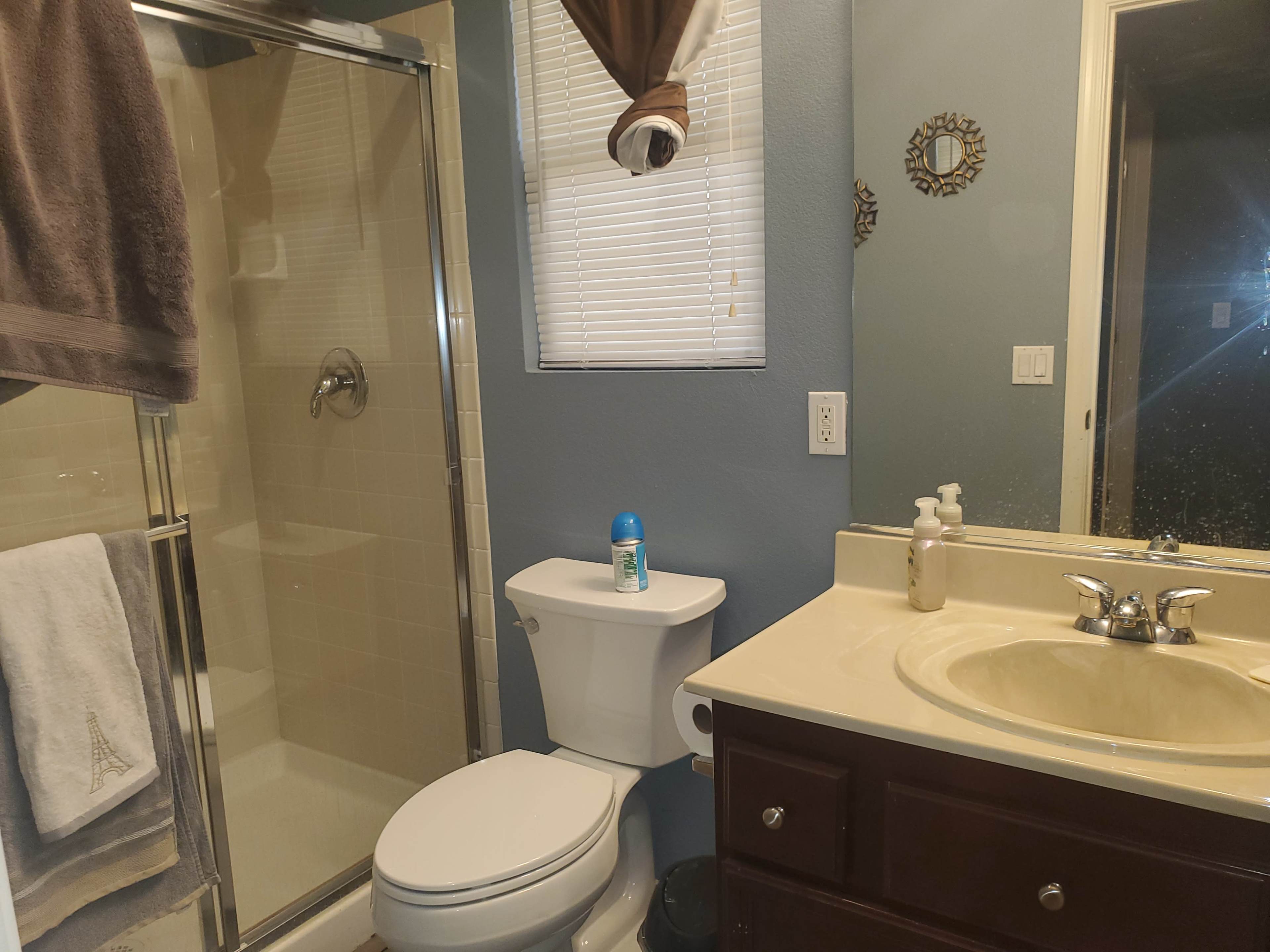 A bathroom featuring a shower stall, toilet, and a sink with a countertop.