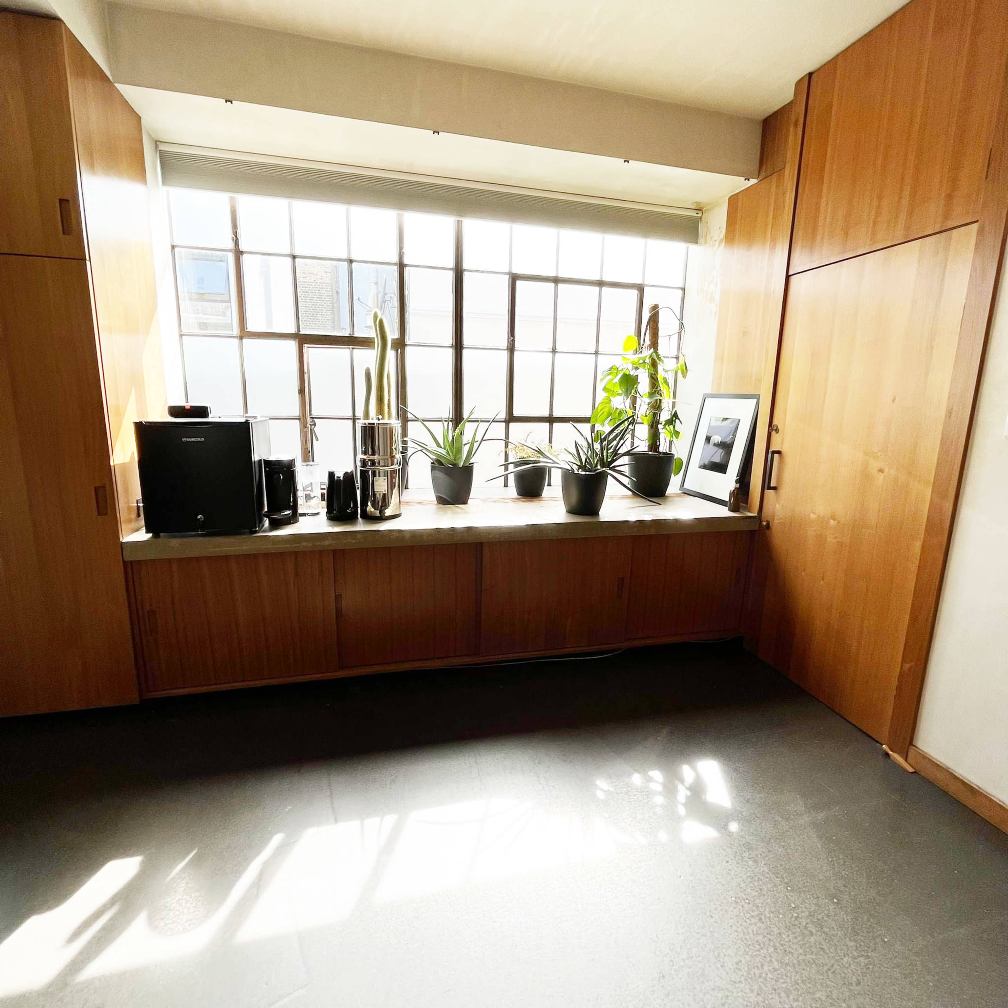 A wooden countertop with various potted plants and kitchen appliances is positioned beneath a large window in a room with wooden cabinetry.