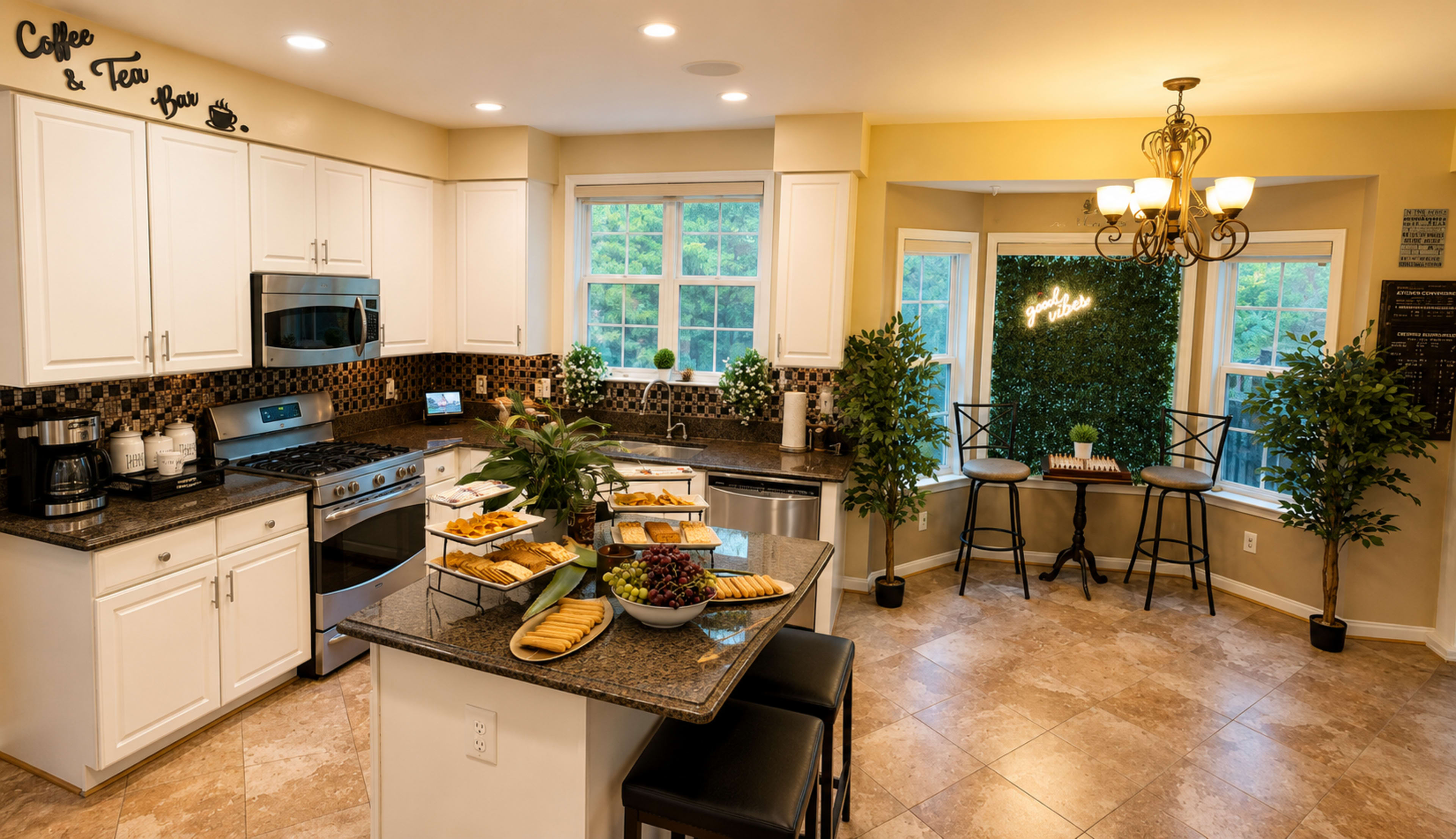 The image shows a modern kitchen with stainless steel appliances, a breakfast bar with snacks, and large windows overlooking greenery.