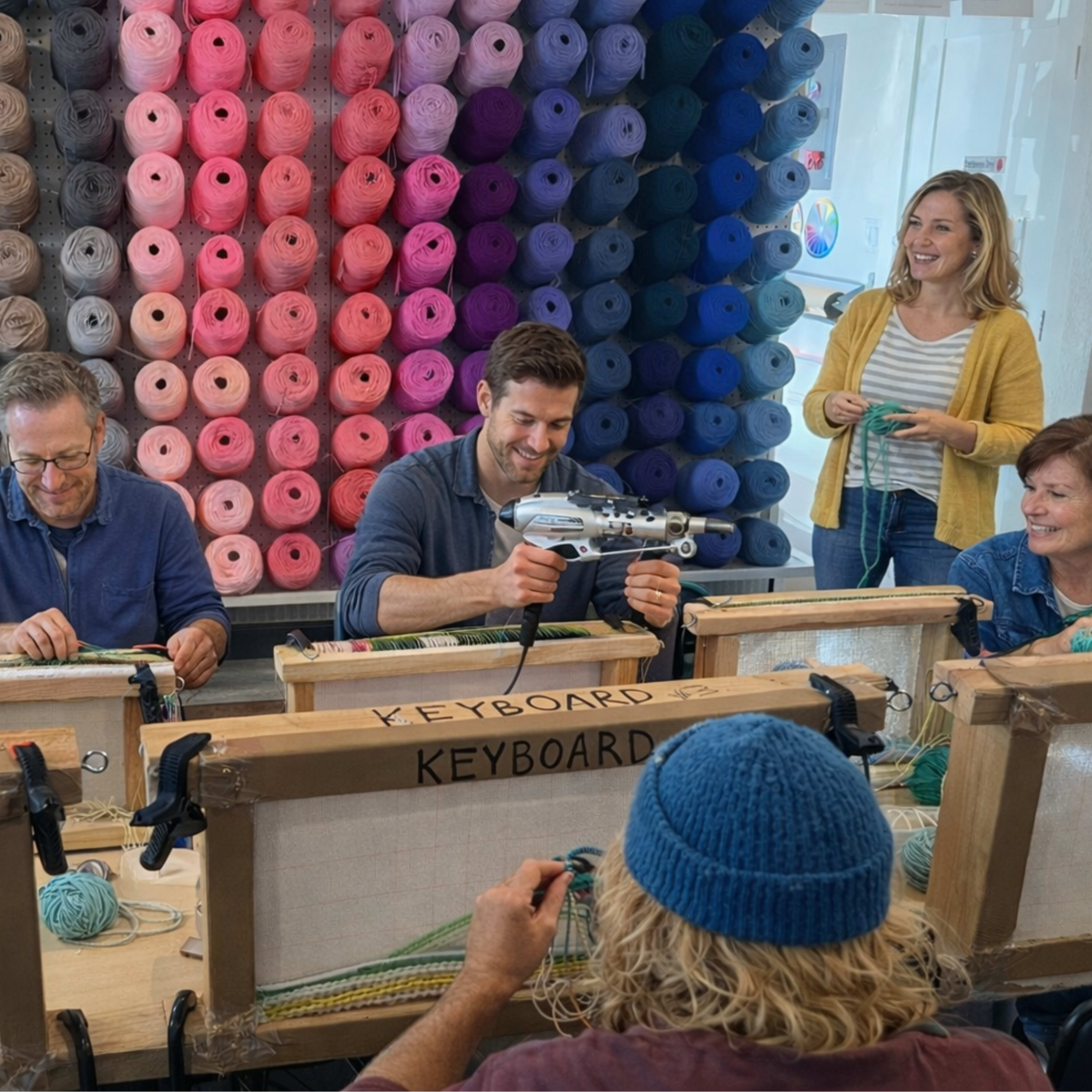 A group of five people participate in a yarn-creating activity in front of a colorful wall of yarn spools.