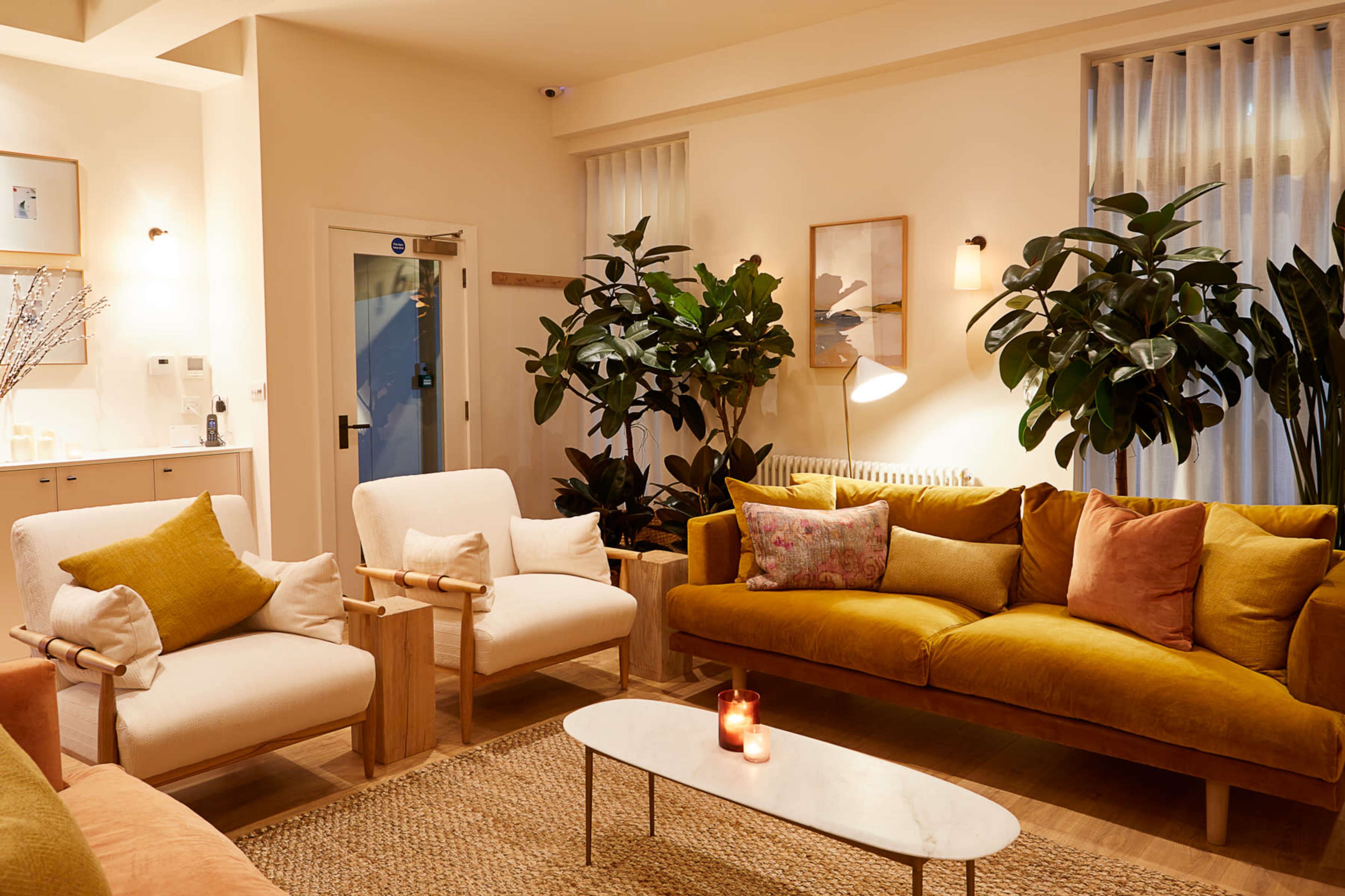 The image shows a cozy living room with two armchairs and a sofa adorned with colorful pillows, a coffee table in front, and green plants in the background.