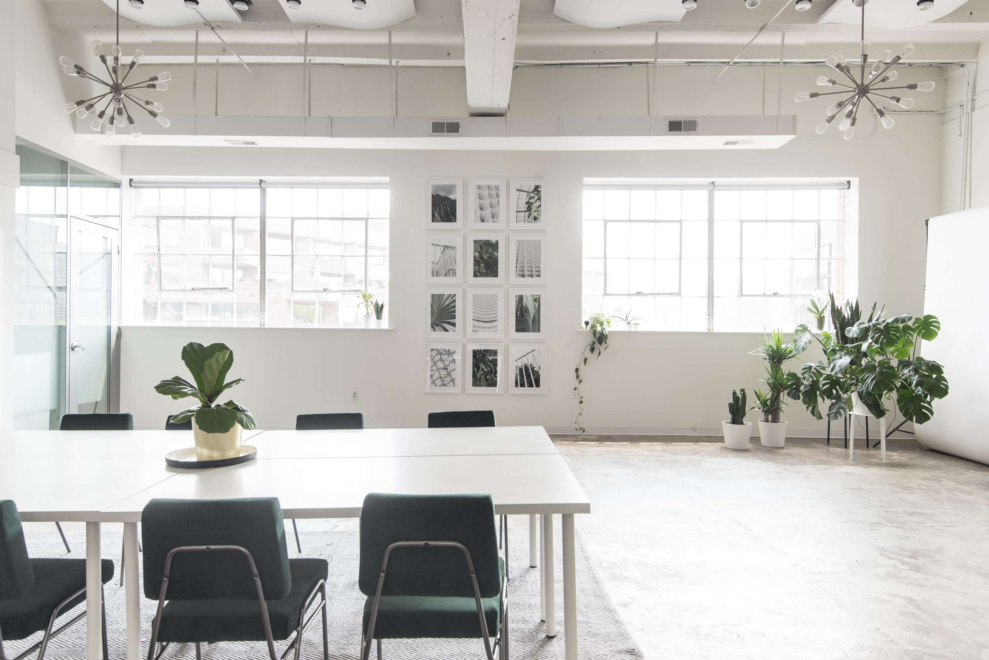 A bright, modern meeting room features a large white table surrounded by green chairs, with plants and large windows letting in natural light.