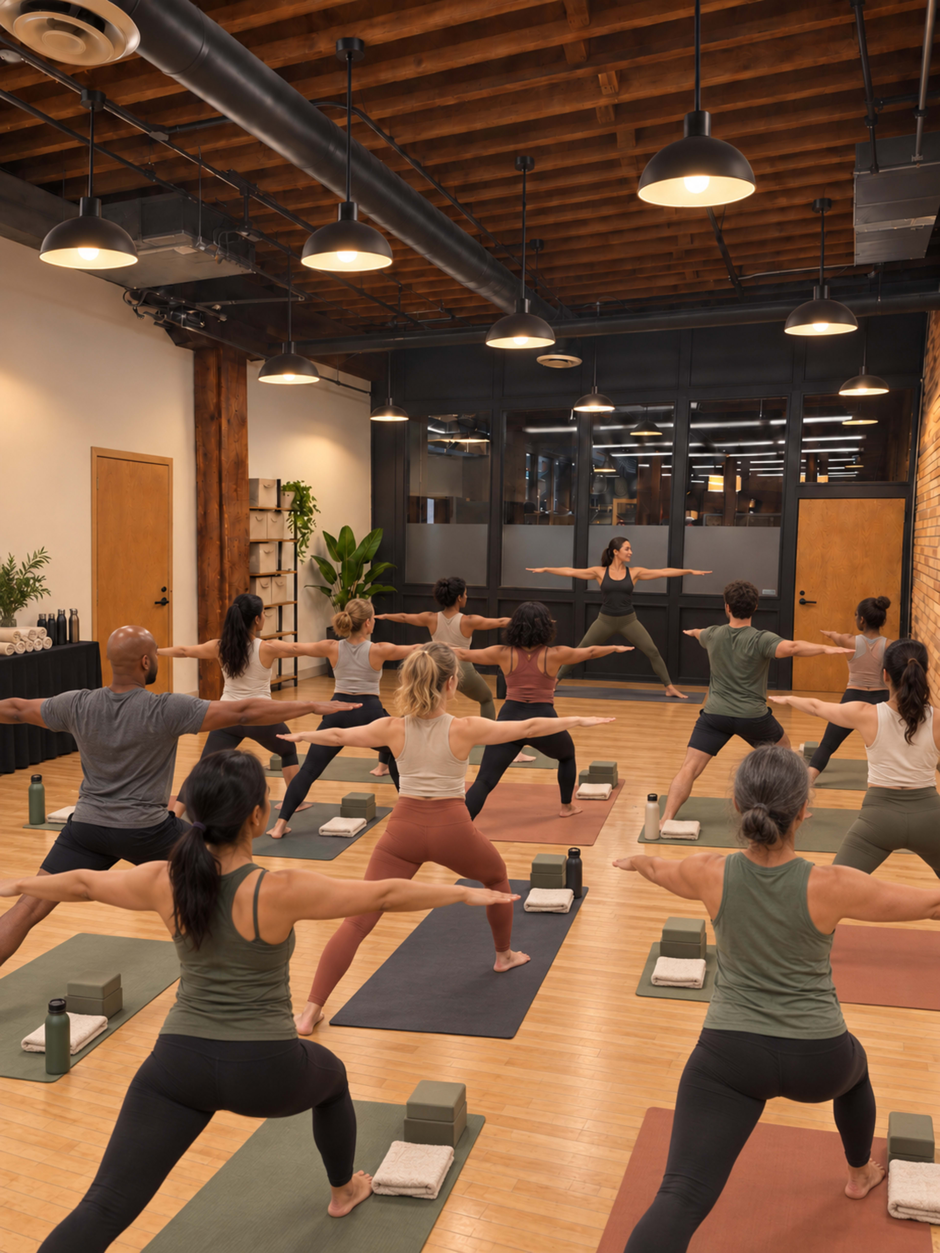 A group of individuals practices yoga in a studio with wooden beams and large windows, led by an instructor at the front.