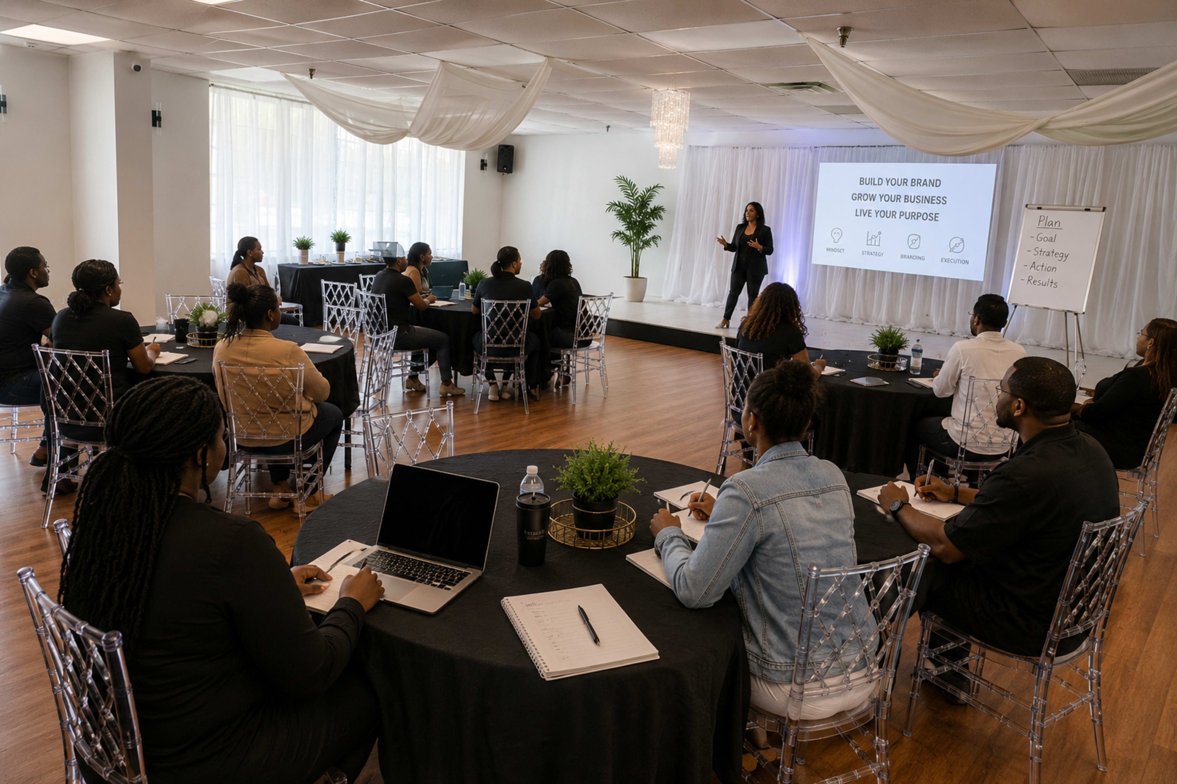 A diverse group of individuals is seated at tables in a conference room, attentively listening to a speaker presenting on a screen about building a brand.